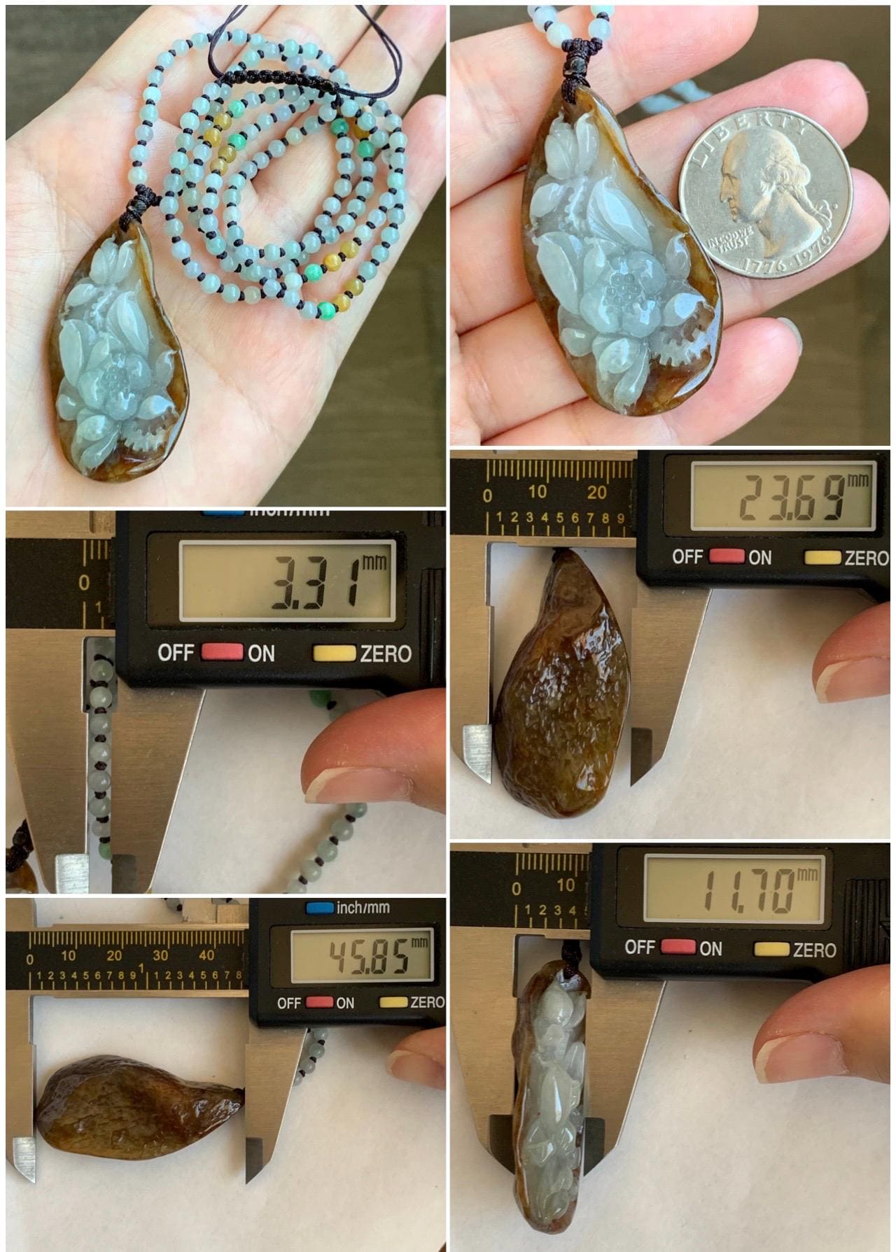 Natural Grade A Icy Translucent Bicolored Jade Jadeite Carved Lotus Flower Pendant Multicolored Beaded Necklace 22-25” 天然冰胶油黄皮翡翠莲花牌项链 HPL325