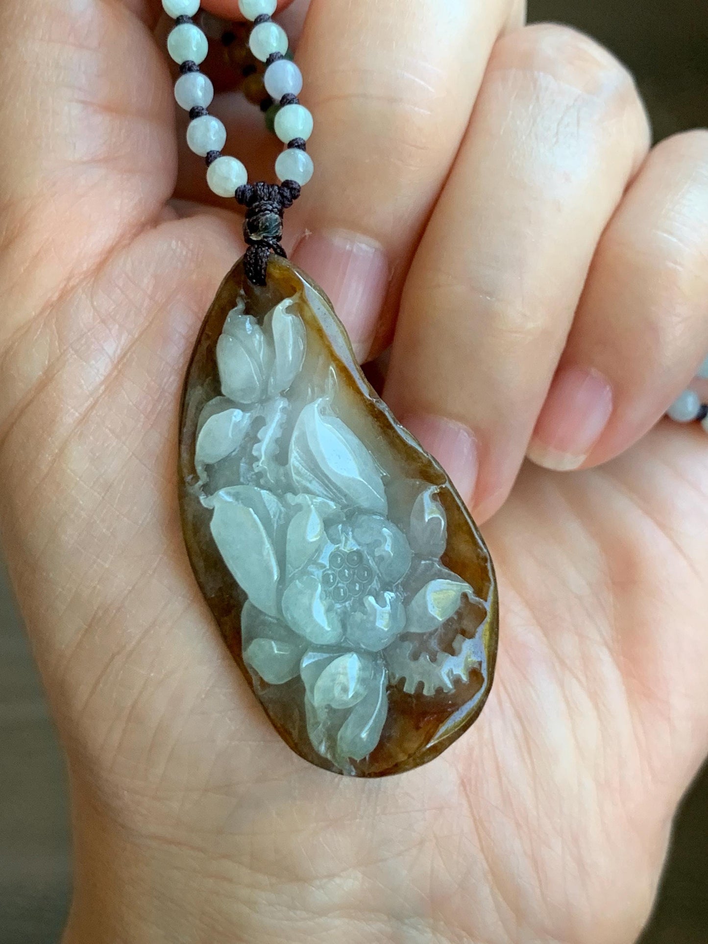 Natural Grade A Icy Translucent Bicolored Jade Jadeite Carved Lotus Flower Pendant Multicolored Beaded Necklace 22-25” 天然冰胶油黄皮翡翠莲花牌项链 HPL325