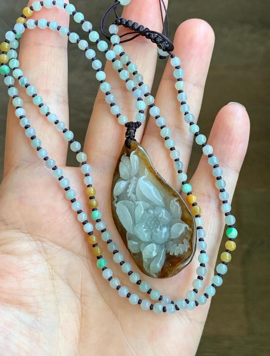 Natural Grade A Icy Translucent Bicolored Jade Jadeite Carved Lotus Flower Pendant Multicolored Beaded Necklace 22-25” 天然冰胶油黄皮翡翠莲花牌项链 HPL325