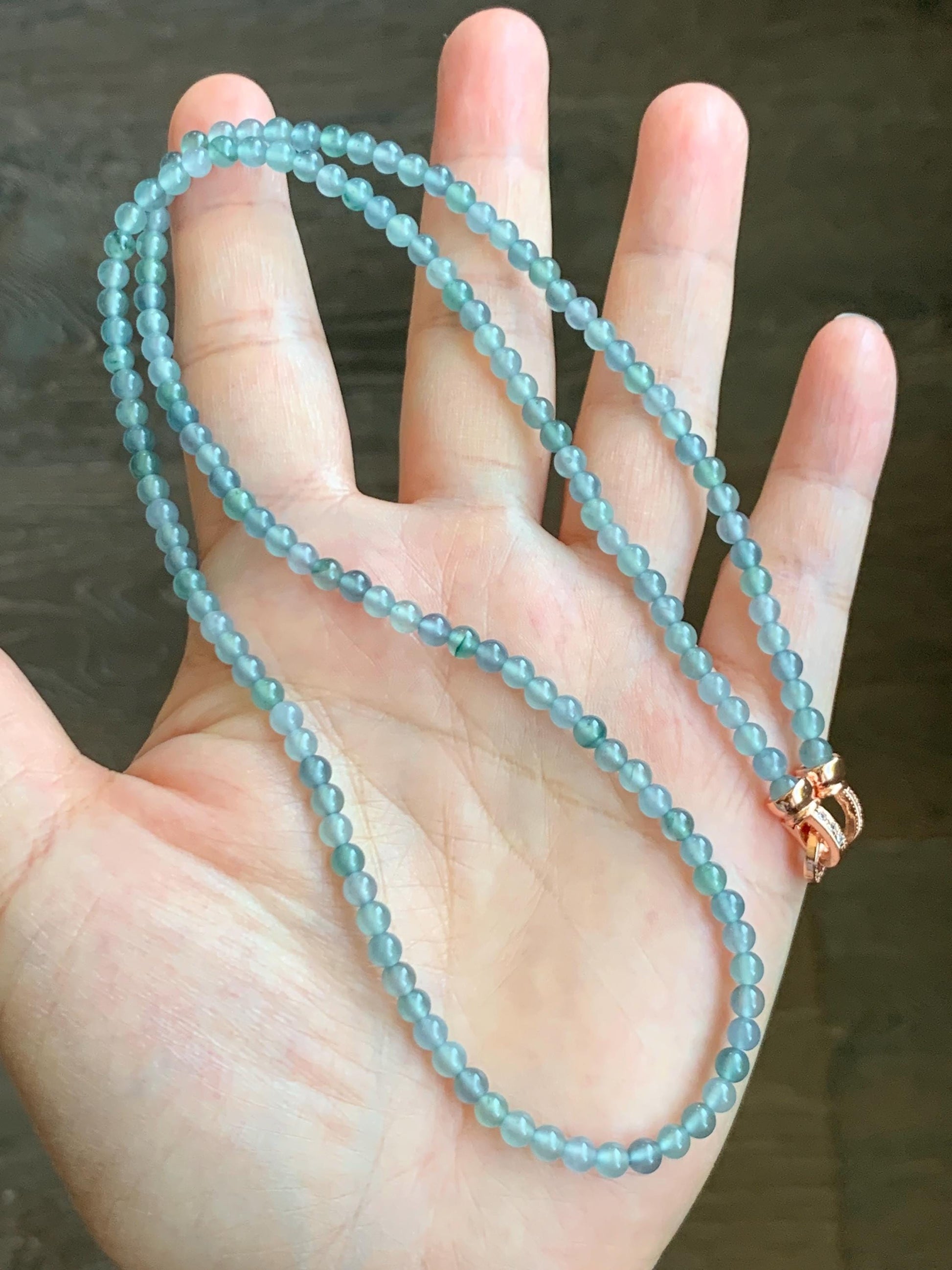 Natural Grade A Guatemalan Icy Highly Translucent Pastel Blue Multicolored Jade Jadeite Petite Beaded Necklace 22.5” 3.9mm 天然冰危淡蓝翡翠小珠项链 WDBL
