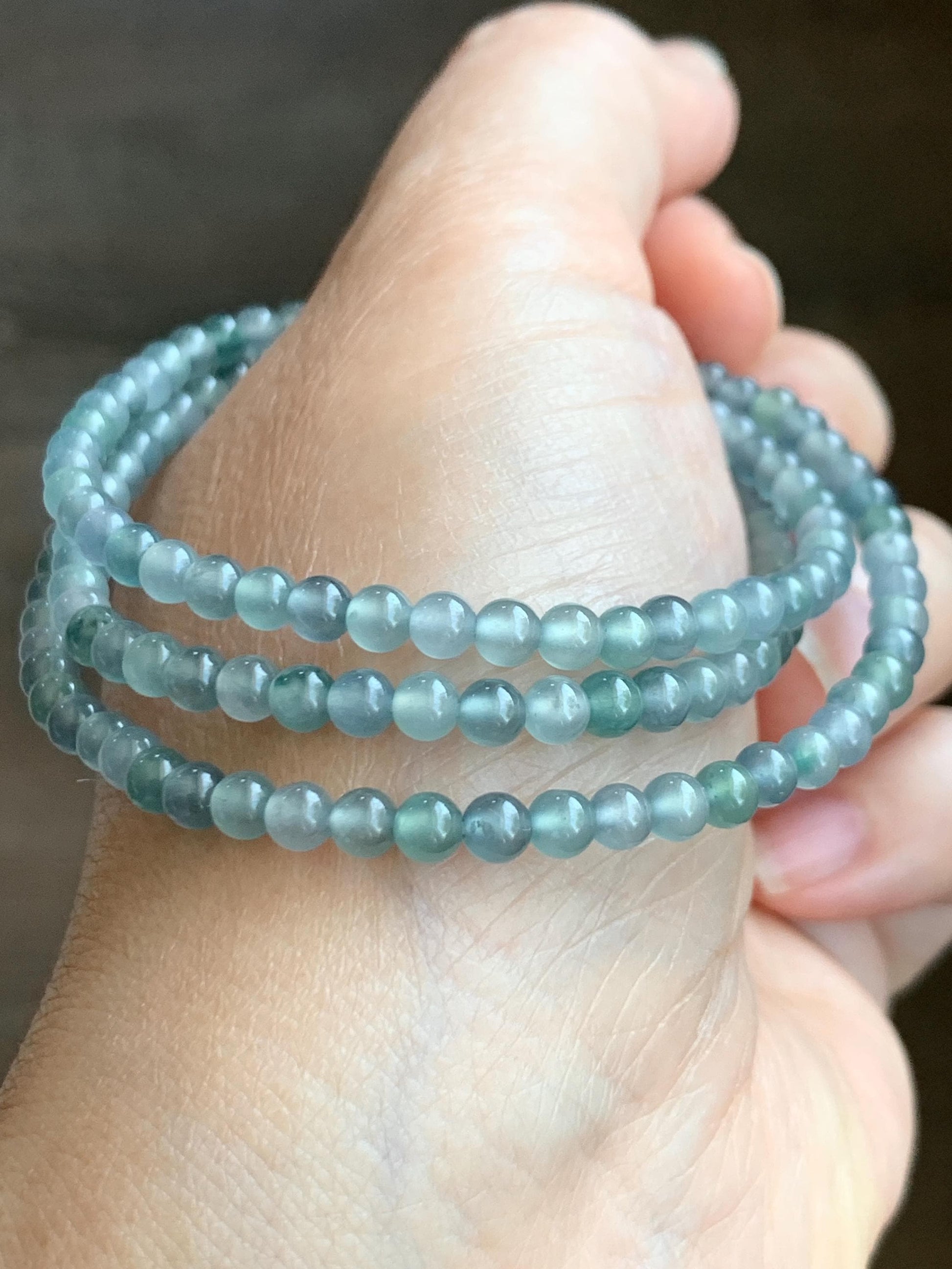 Natural Grade A Guatemalan Icy Highly Translucent Pastel Blue Multicolored Jade Jadeite Petite Beaded Necklace 22.5” 3.9mm 天然冰危淡蓝翡翠小珠项链 WDBL