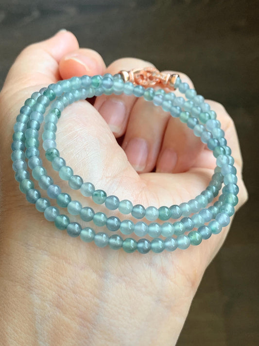 Natural Grade A Guatemalan Icy Highly Translucent Pastel Blue Multicolored Jade Jadeite Petite Beaded Necklace 22.5” 3.9mm 天然冰危淡蓝翡翠小珠项链 WDBL