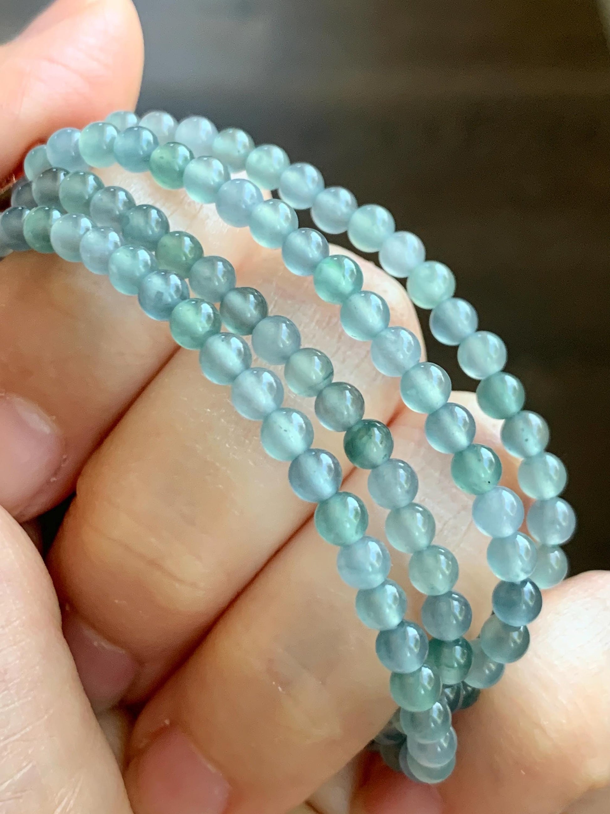 Natural Grade A Guatemalan Icy Highly Translucent Pastel Blue Multicolored Jade Jadeite Petite Beaded Necklace 22.5” 3.9mm 天然冰危淡蓝翡翠小珠项链 WDBL