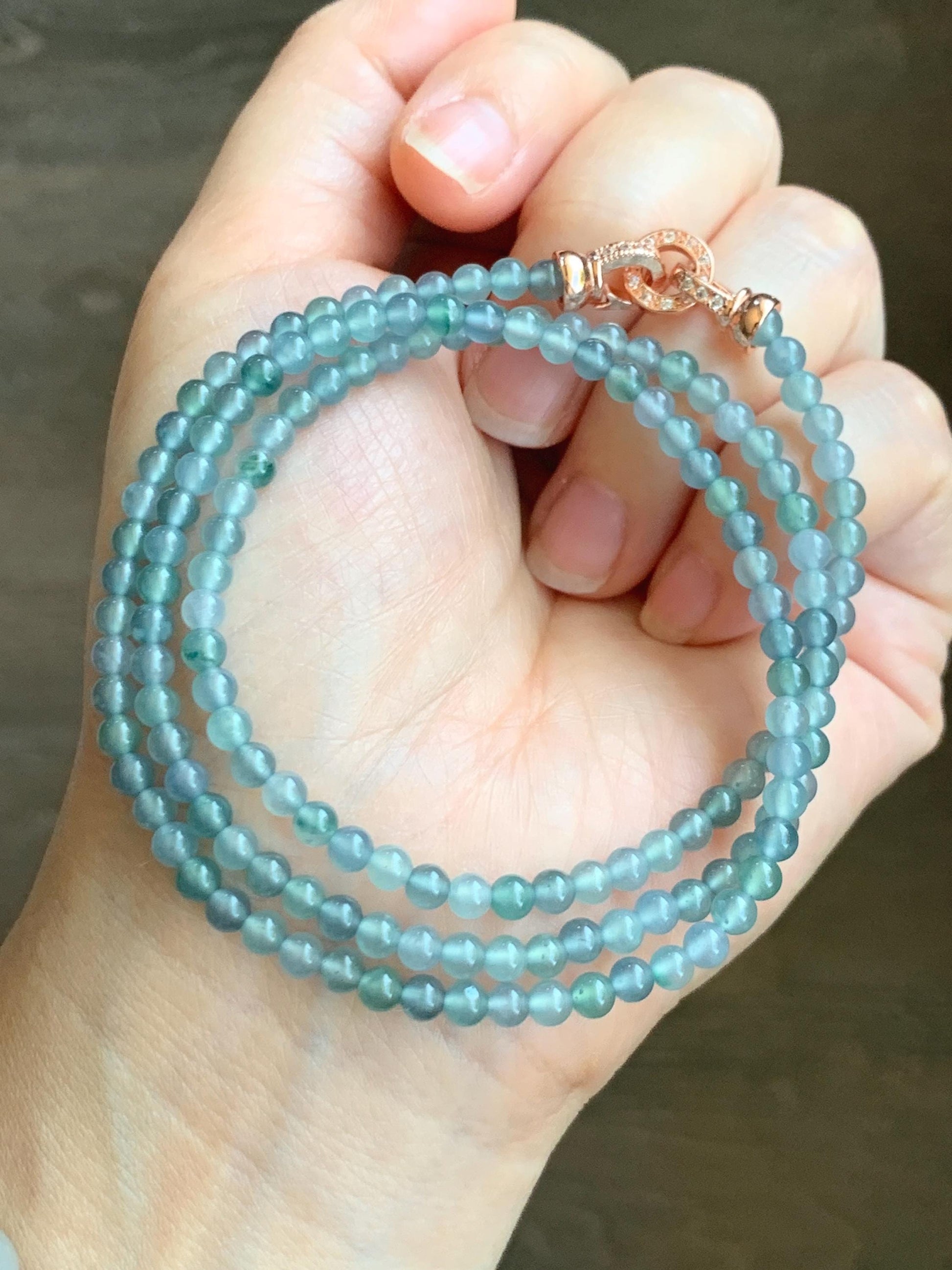 Natural Grade A Guatemalan Icy Highly Translucent Pastel Blue Multicolored Jade Jadeite Petite Beaded Necklace 22.5” 3.9mm 天然冰危淡蓝翡翠小珠项链 WDBL