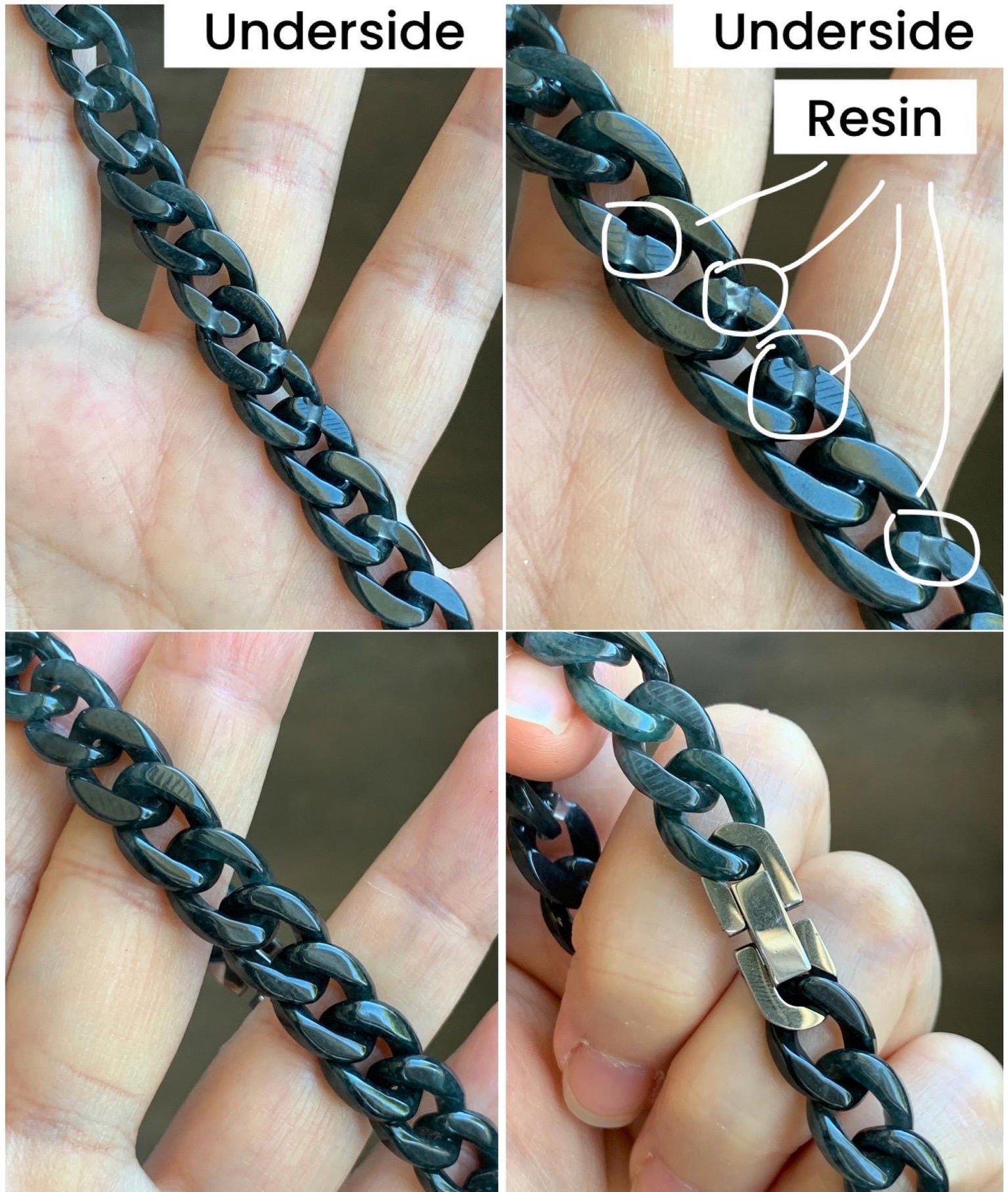 Natural Grade A Guatemalan Icy Translucent Wuji Jade Jadeite Carved Curb Chain Bracelet Stainless Steel 7.25” 15g 天然冰胶危乌鸡翡翠链手链 CBW108B