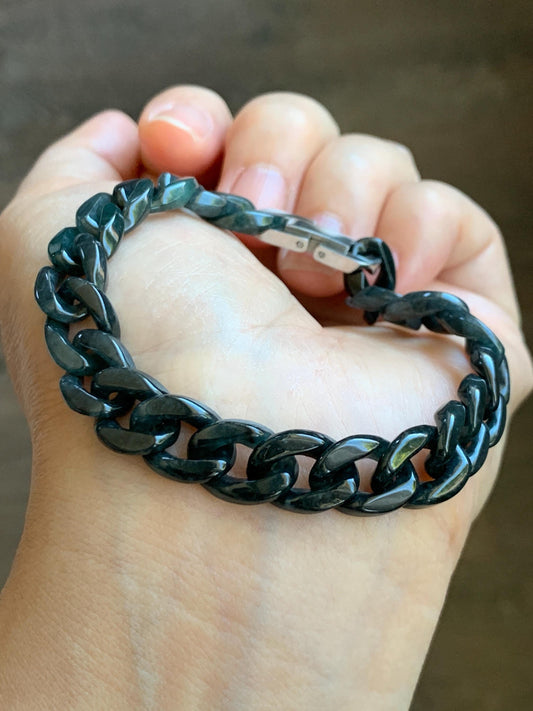 Natural Grade A Guatemalan Icy Translucent Wuji Jade Jadeite Carved Curb Chain Bracelet Stainless Steel 7.25” 15g 天然冰胶危乌鸡翡翠链手链 CBW108B