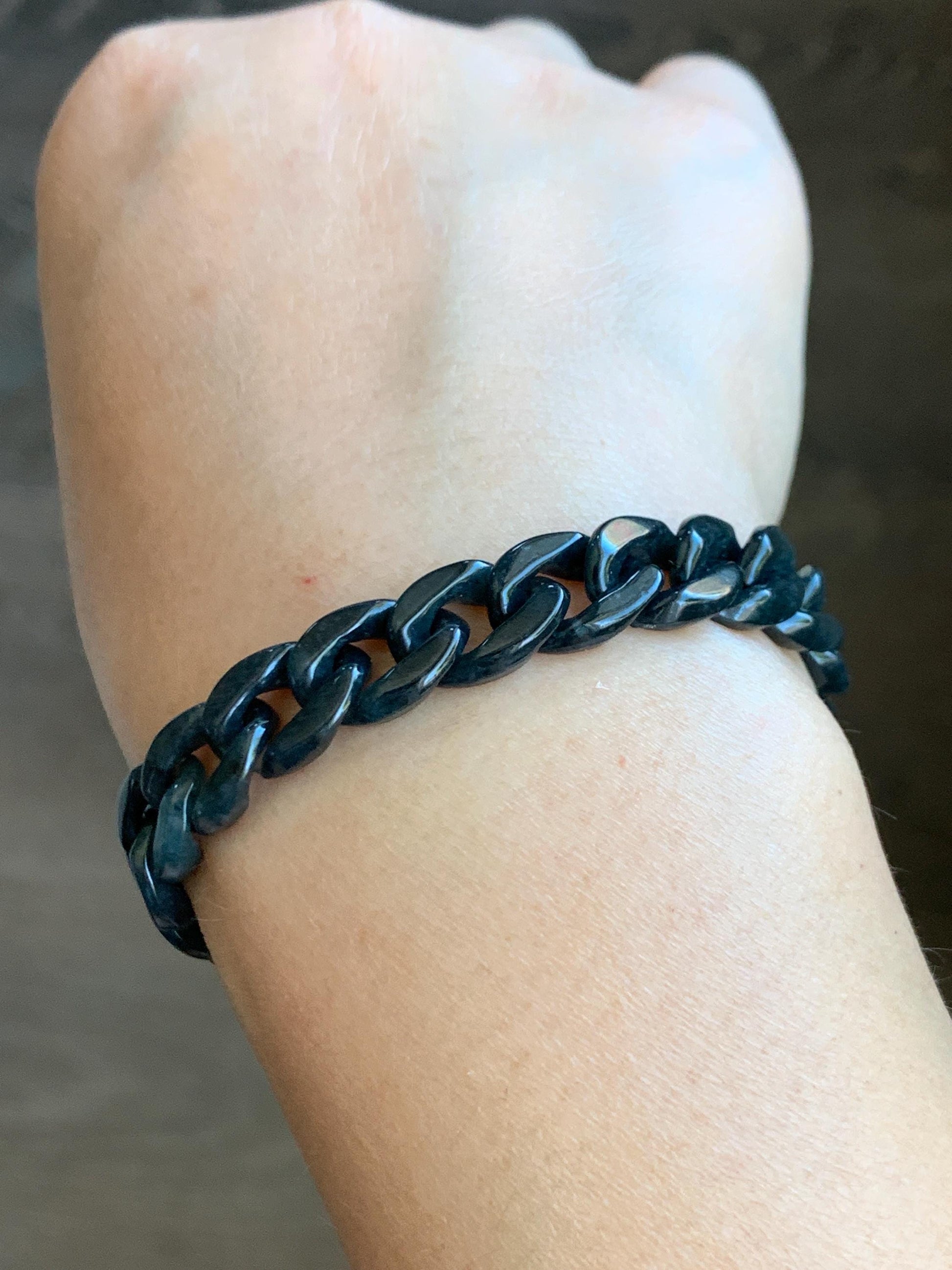 Natural Grade A Guatemalan Icy Translucent Wuji Jade Jadeite Carved Curb Chain Bracelet Stainless Steel 7.25” 15g 天然冰胶危乌鸡翡翠链手链 CBW108B
