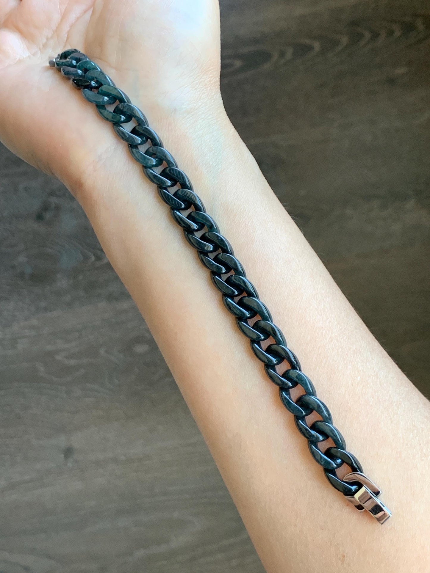 Natural Grade A Guatemalan Icy Translucent Wuji Jade Jadeite Carved Curb Chain Bracelet Stainless Steel 7.25” 15g 天然冰胶危乌鸡翡翠链手链 CBW108B