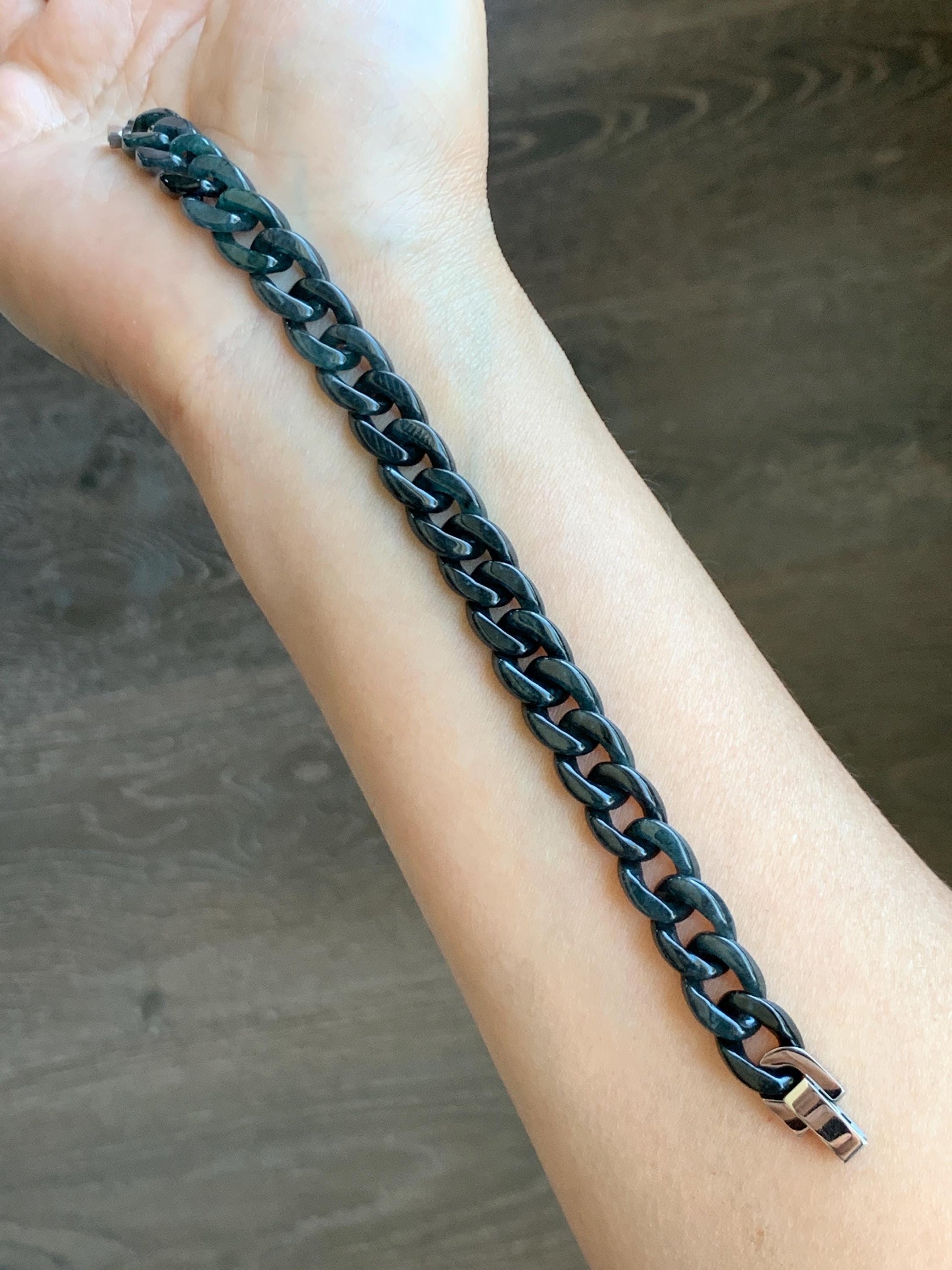 Natural Grade A Guatemalan Icy Translucent Wuji Jade Jadeite Carved Curb Chain Bracelet Stainless Steel 7.25” 15g 天然冰胶危乌鸡翡翠链手链 CBW108B