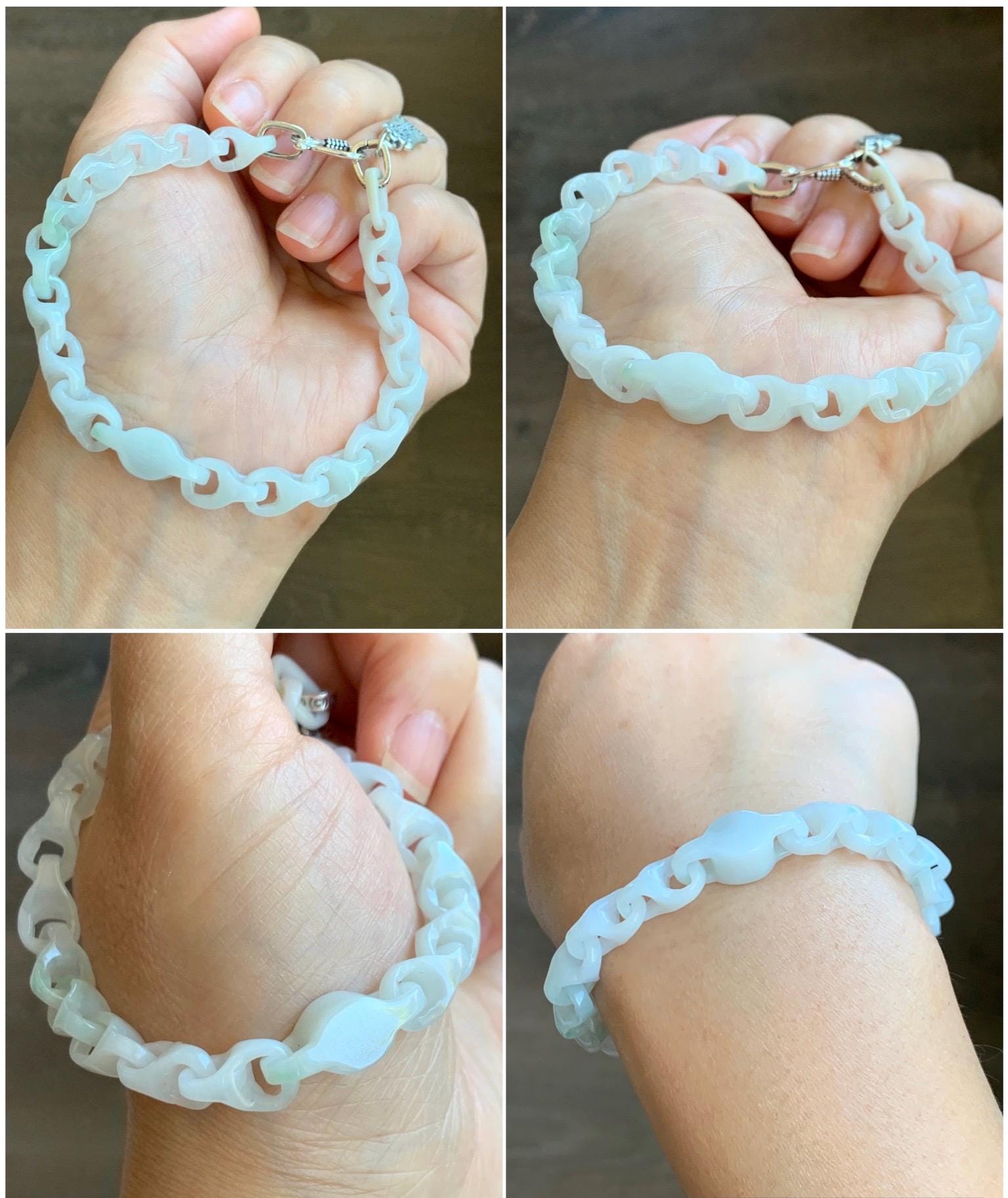 Natural Grade A Icy Translucent White Jade Jadeite Carved Interlockkng Dragon Bone Chain Bracelet Sterling Silver 8.5” 天然白冰翡翠龙骨链环环相扣手链 BFG
