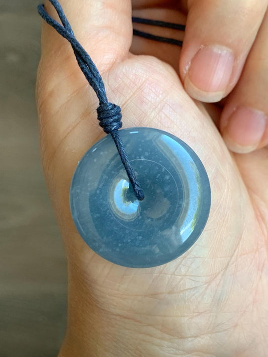 Certified Natural Grade A Guatemalan Icy Translucent Blueberry Jade Jadeite Ping An Kou Donut Pendant Rope Necklace 天然冰危蓝莓紫平安扣吊坠 8742