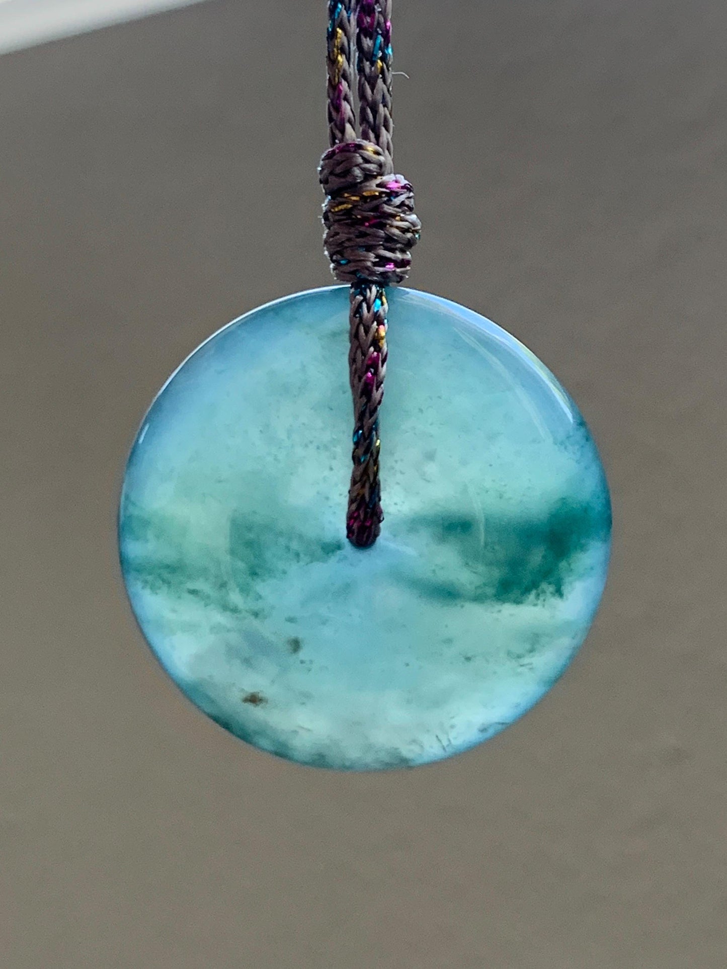 Certified Natural Grade A Guatemalan Icy Translucent Teal Green Jade Jadeite Ping An Kou Donut Pendant Rope Necklace 天然冰胶危飘花翡翠平安扣吊坠 8744