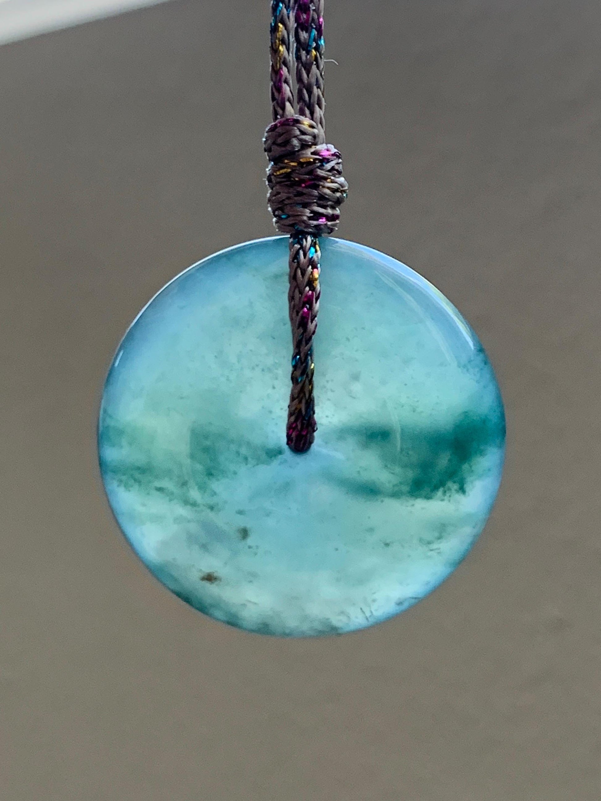 Certified Natural Grade A Guatemalan Icy Translucent Teal Green Jade Jadeite Ping An Kou Donut Pendant Rope Necklace 天然冰胶危飘花翡翠平安扣吊坠 8744