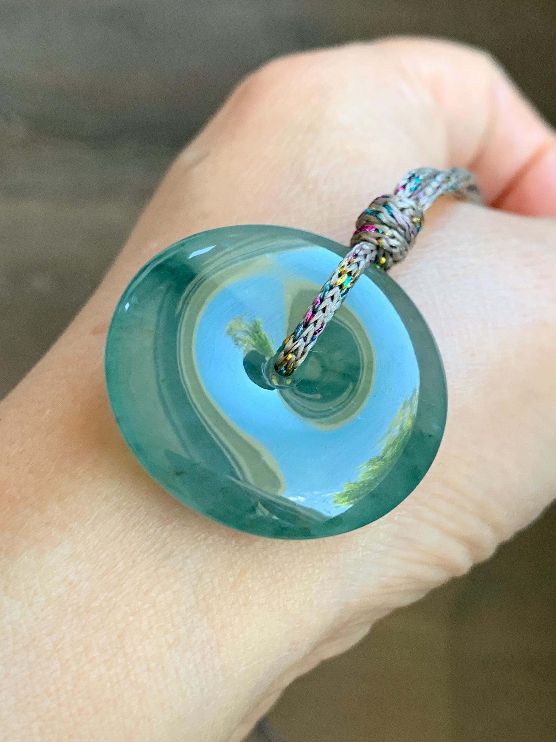 Certified Natural Grade A Guatemalan Icy Translucent Teal Green Jade Jadeite Ping An Kou Donut Pendant Rope Necklace 天然冰胶危飘花翡翠平安扣吊坠 8744