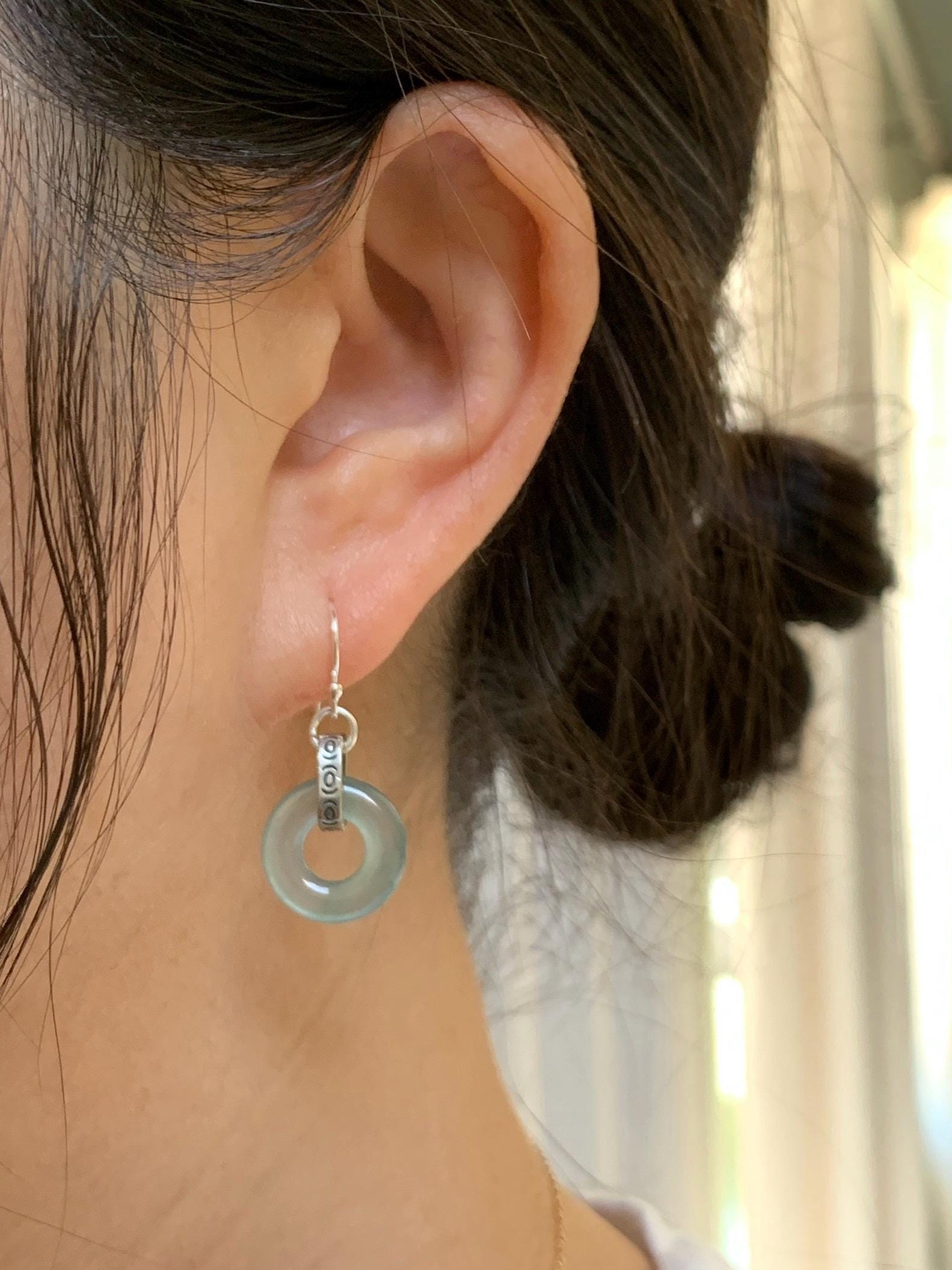 Natural Grade A Guatemalan Icy Highly Translucent Teal Jade Jadeite Ping An Kou Donut Ring Earrings Sterling Silver 天然起光冰危淡晴翡翠平安扣耳钩 GWK80A