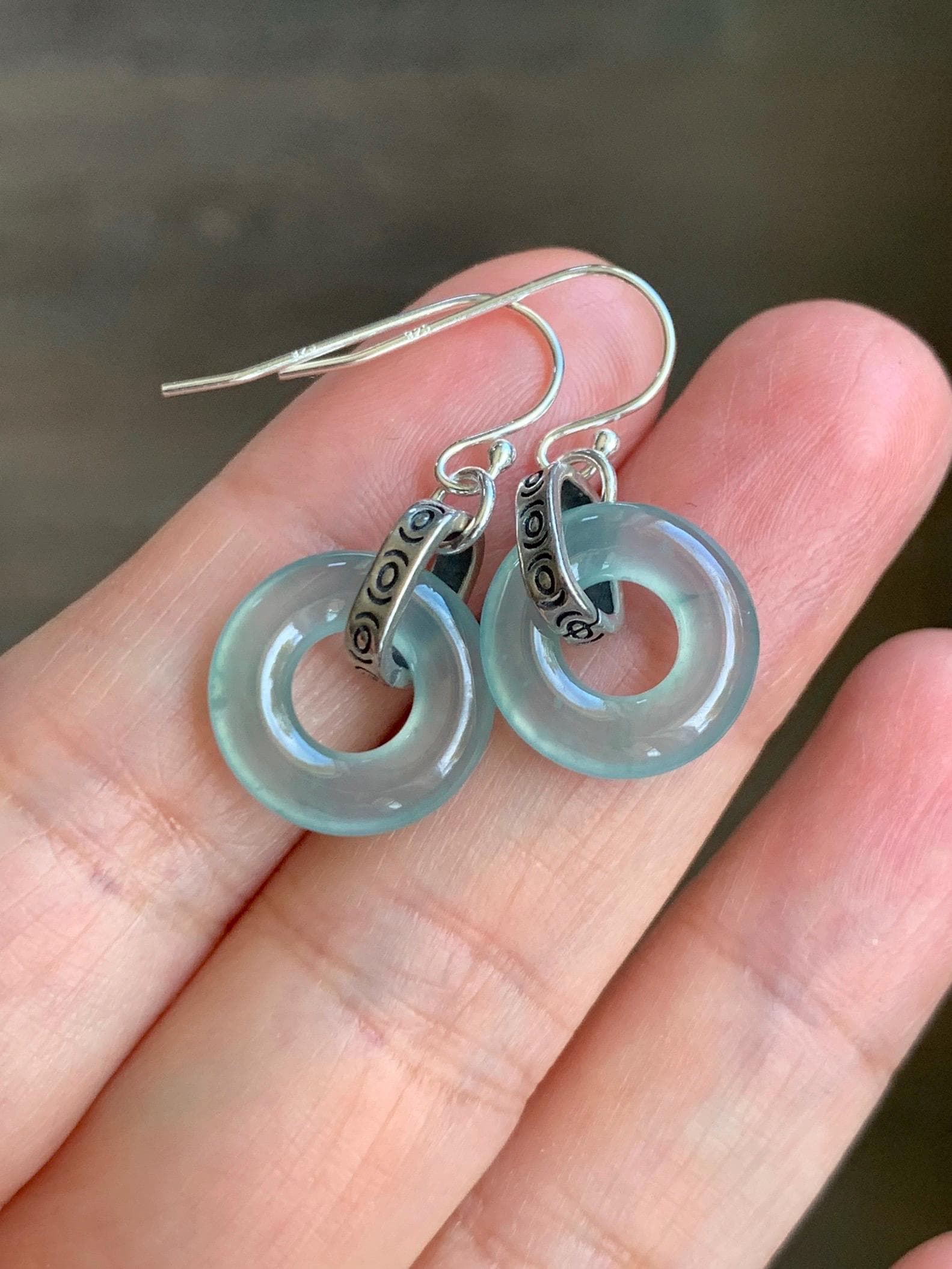 Natural Grade A Guatemalan Icy Highly Translucent Teal Jade Jadeite Ping An Kou Donut Ring Earrings Sterling Silver 天然起光冰危淡晴翡翠平安扣耳钩 GWK80A