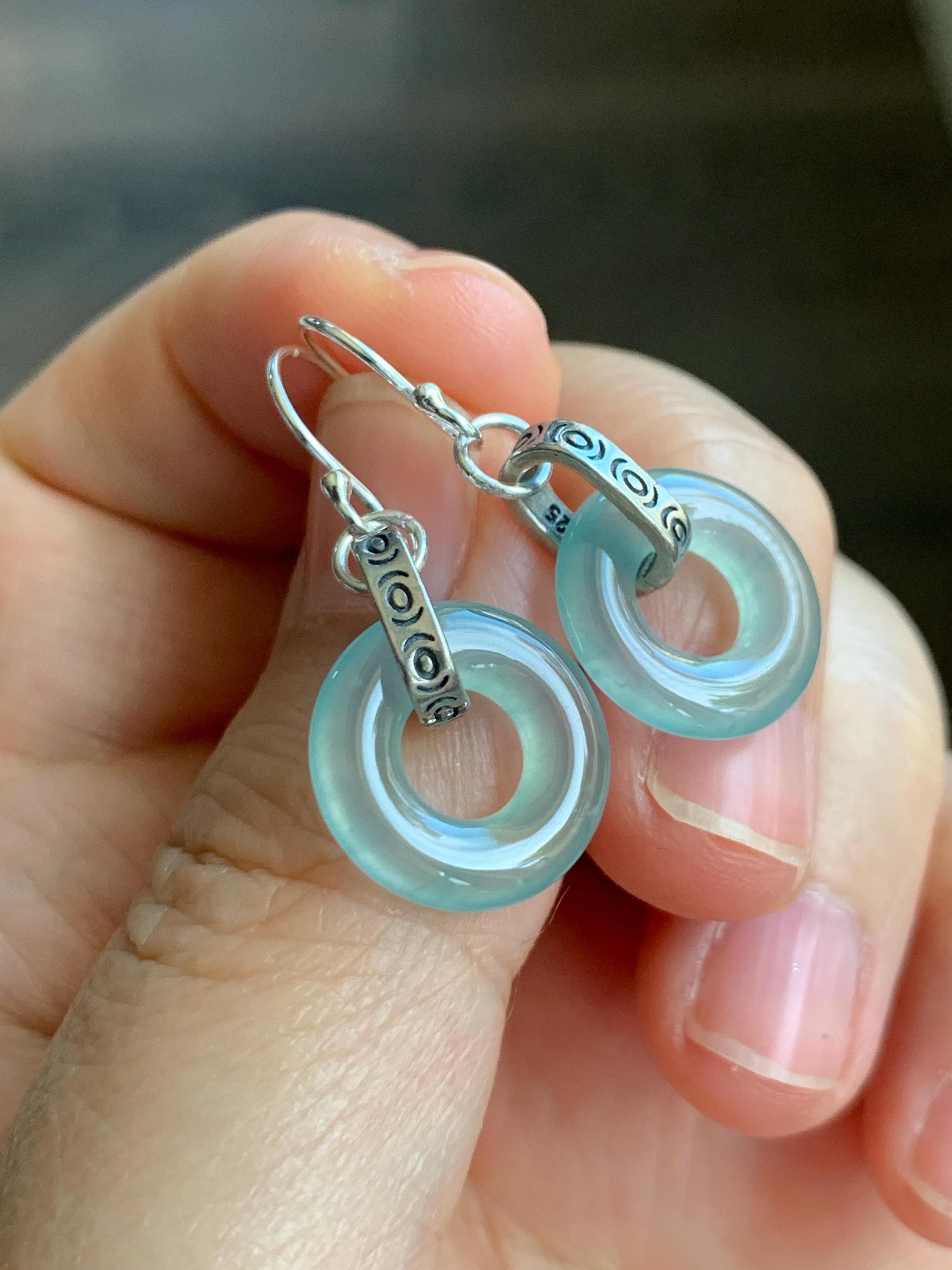 Natural Grade A Guatemalan Icy Highly Translucent Teal Jade Jadeite Ping An Kou Donut Ring Earrings Sterling Silver 天然起光冰危淡晴翡翠平安扣耳钩 GWK80A