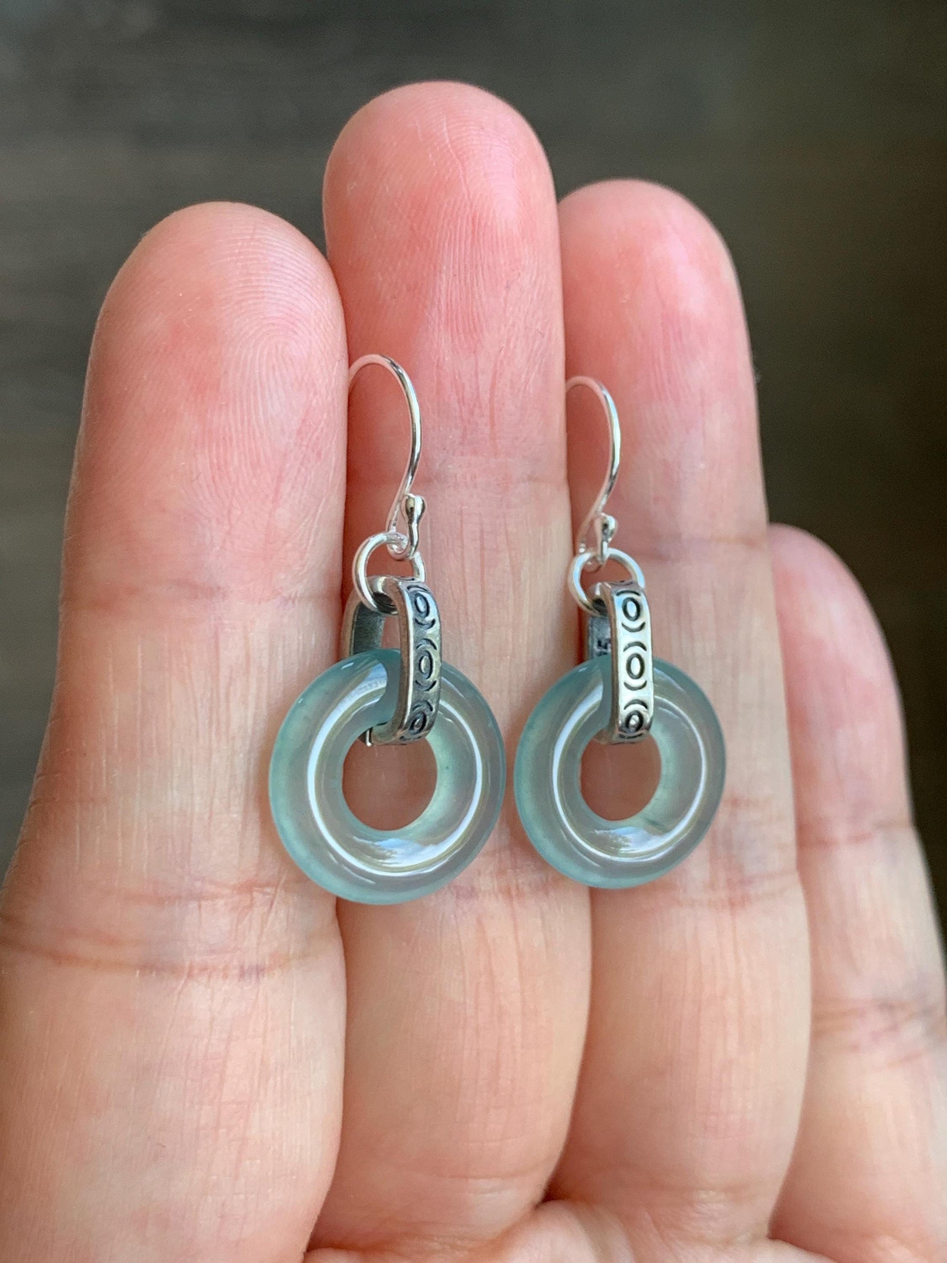 Natural Grade A Guatemalan Icy Highly Translucent Teal Jade Jadeite Ping An Kou Donut Ring Earrings Sterling Silver 天然起光冰危淡晴翡翠平安扣耳钩 GWK80A