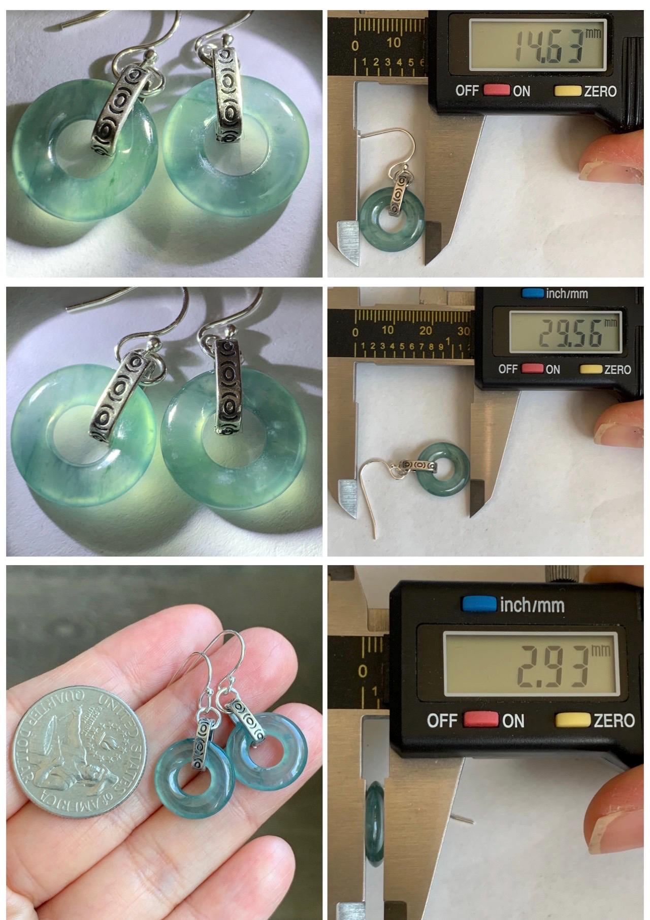 Natural Grade A Guatemalan Icy Highly Translucent Teal Jade Jadeite Ping An Kou Donut Ring Earrings Sterling Silver 天然起光冰危晴蓝翡翠平安扣耳钩 GWK80B