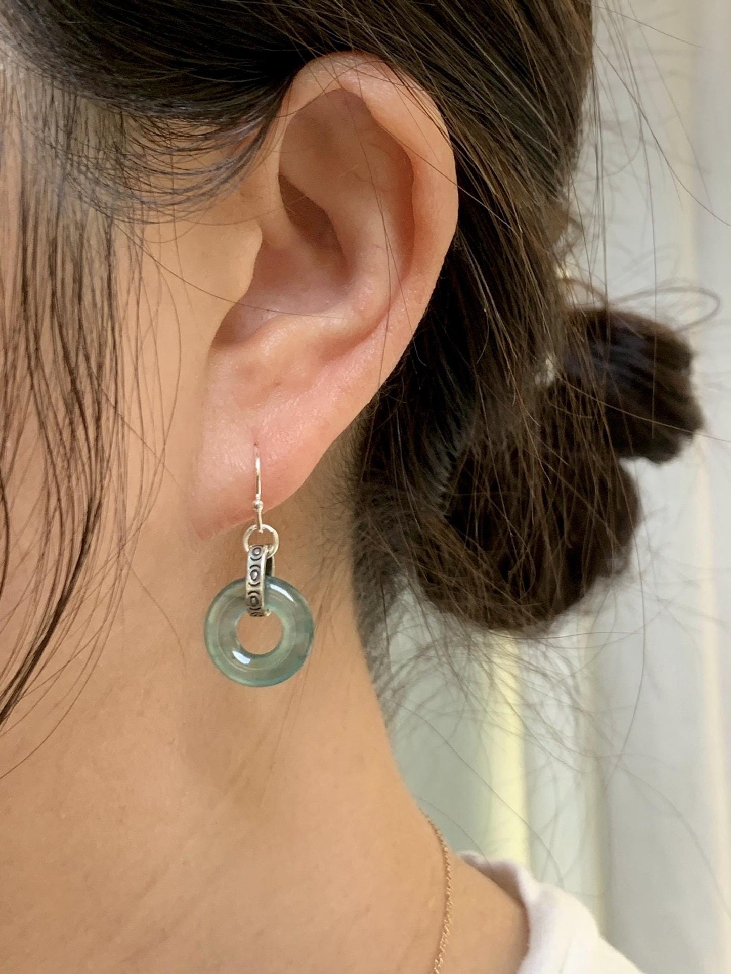 Natural Grade A Guatemalan Icy Highly Translucent Teal Jade Jadeite Ping An Kou Donut Ring Earrings Sterling Silver 天然起光冰危晴蓝翡翠平安扣耳钩 GWK80B