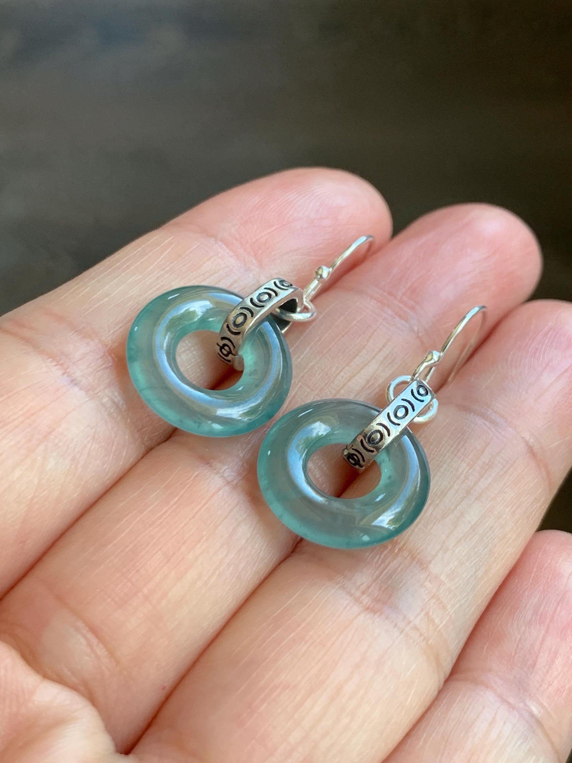 Natural Grade A Guatemalan Icy Highly Translucent Teal Jade Jadeite Ping An Kou Donut Ring Earrings Sterling Silver 天然起光冰危晴蓝翡翠平安扣耳钩 GWK80B