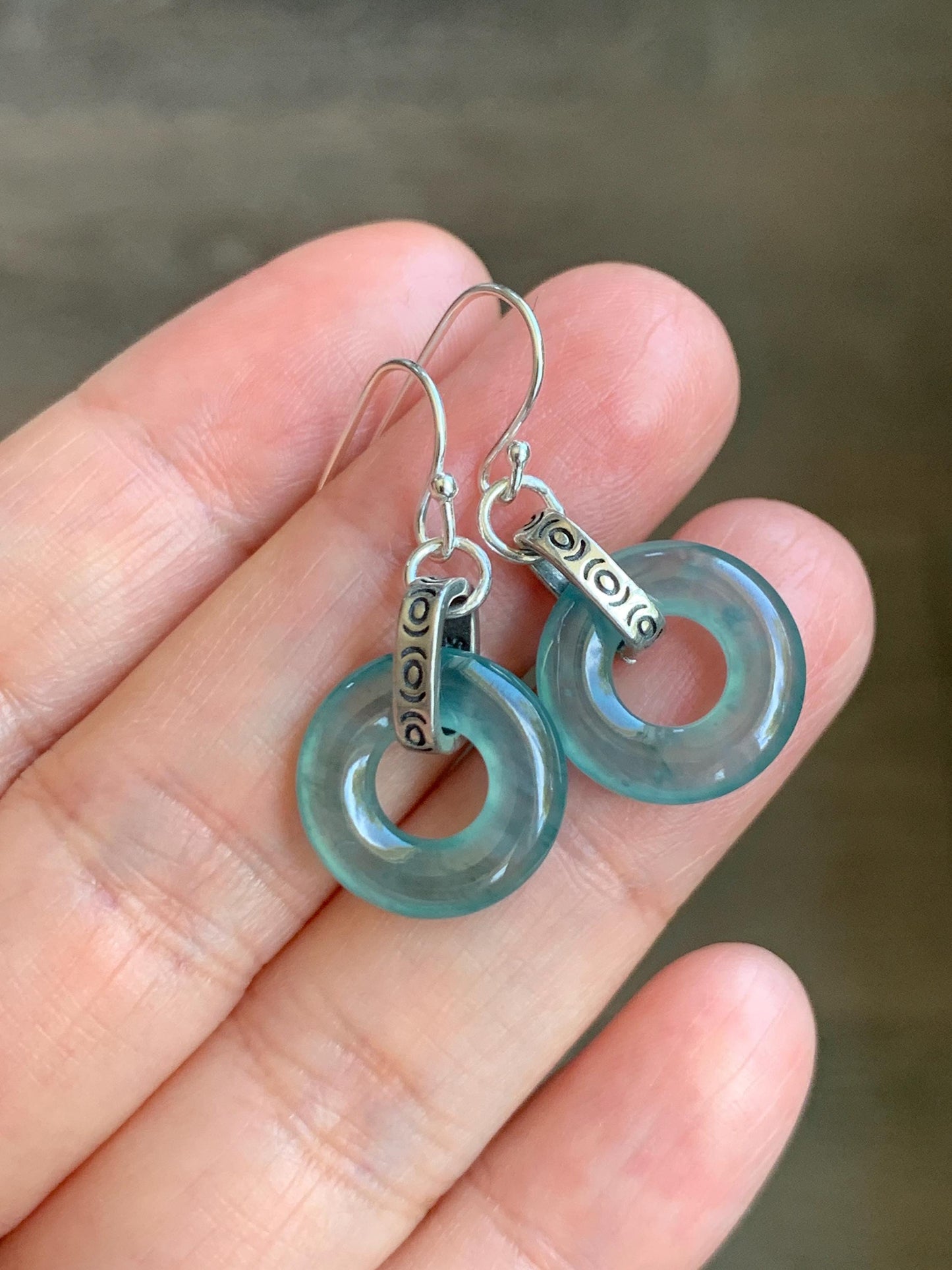 Natural Grade A Guatemalan Icy Highly Translucent Teal Jade Jadeite Ping An Kou Donut Ring Earrings Sterling Silver 天然起光冰危晴蓝翡翠平安扣耳钩 GWK80B