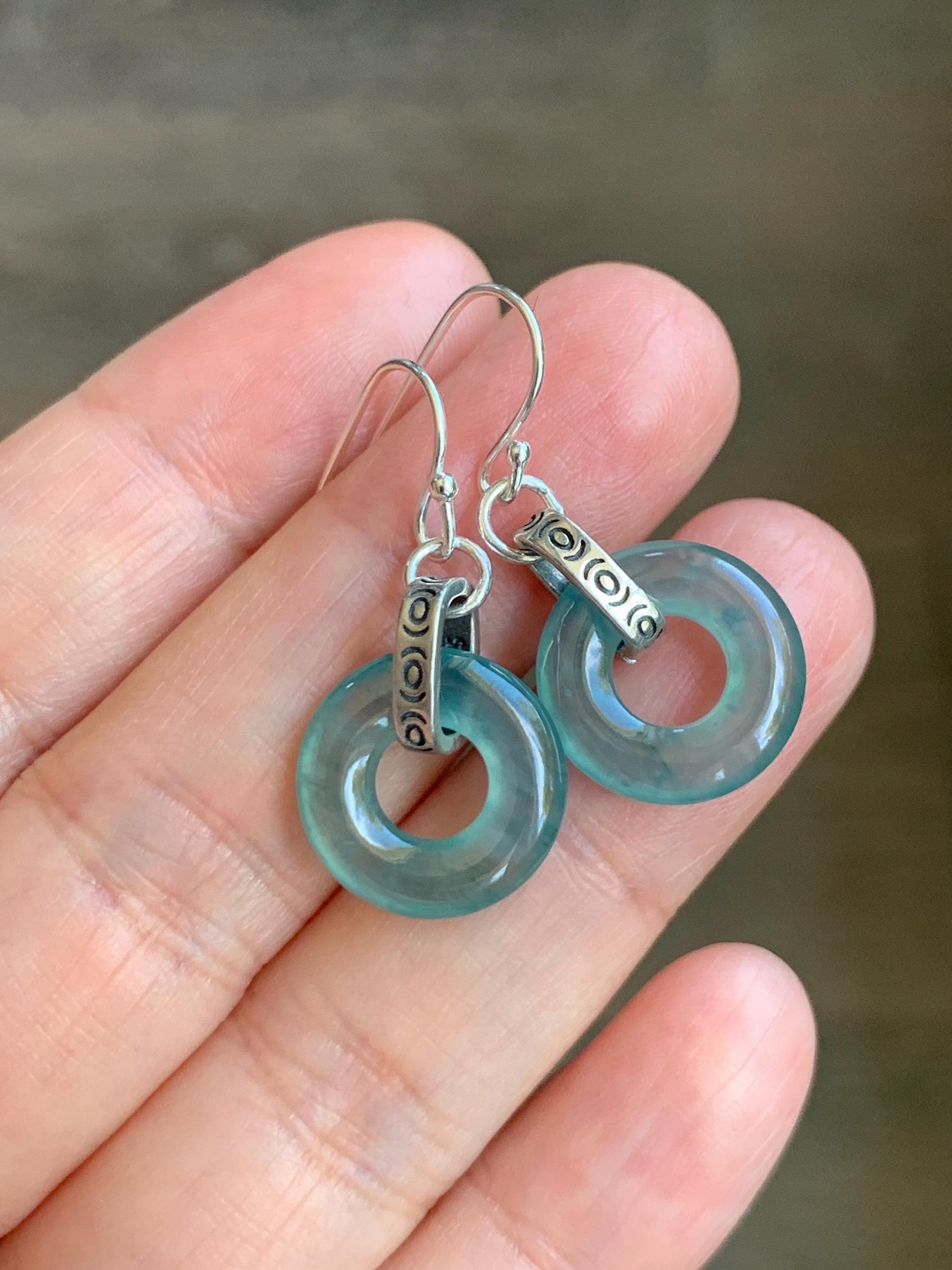 Natural Grade A Guatemalan Icy Highly Translucent Teal Jade Jadeite Ping An Kou Donut Ring Earrings Sterling Silver 天然起光冰危晴蓝翡翠平安扣耳钩 GWK80B