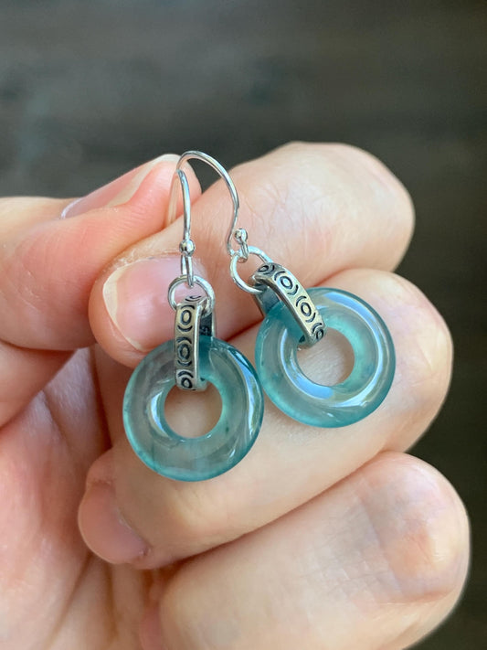 Natural Grade A Guatemalan Icy Highly Translucent Teal Jade Jadeite Ping An Kou Donut Ring Earrings Sterling Silver 天然起光冰危晴蓝翡翠平安扣耳钩 GWK80B