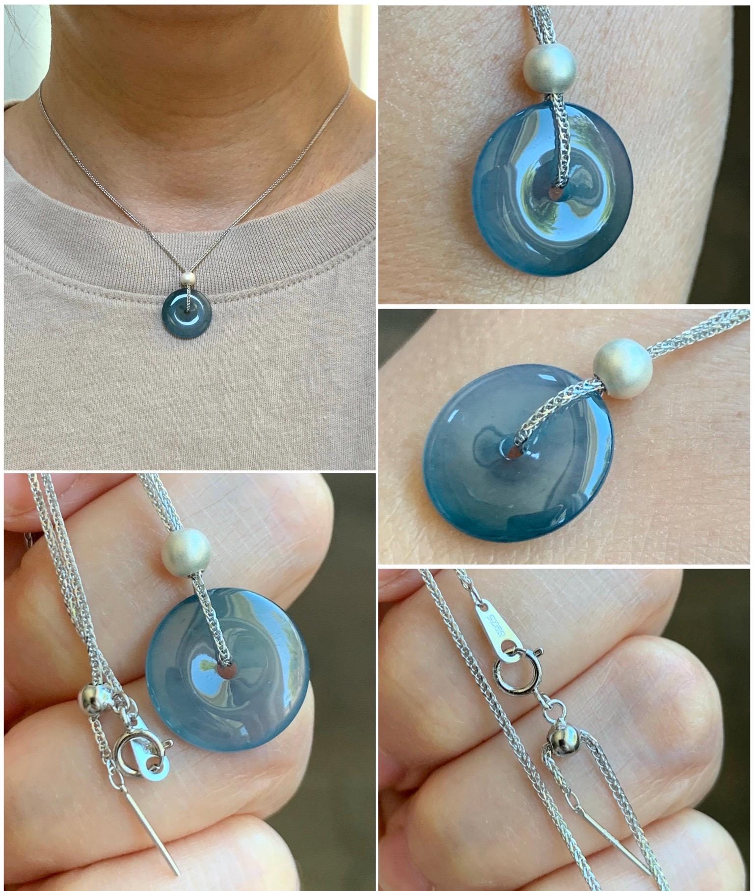 Natural Guatemalan Icy Translucent Dark Blue Jade Jadeite Ping An Kou Donut Pendant Sterling Silver Necklace 16” 天然老种冰危蓝紫翡翠平安扣吊坠项链 MWK130A