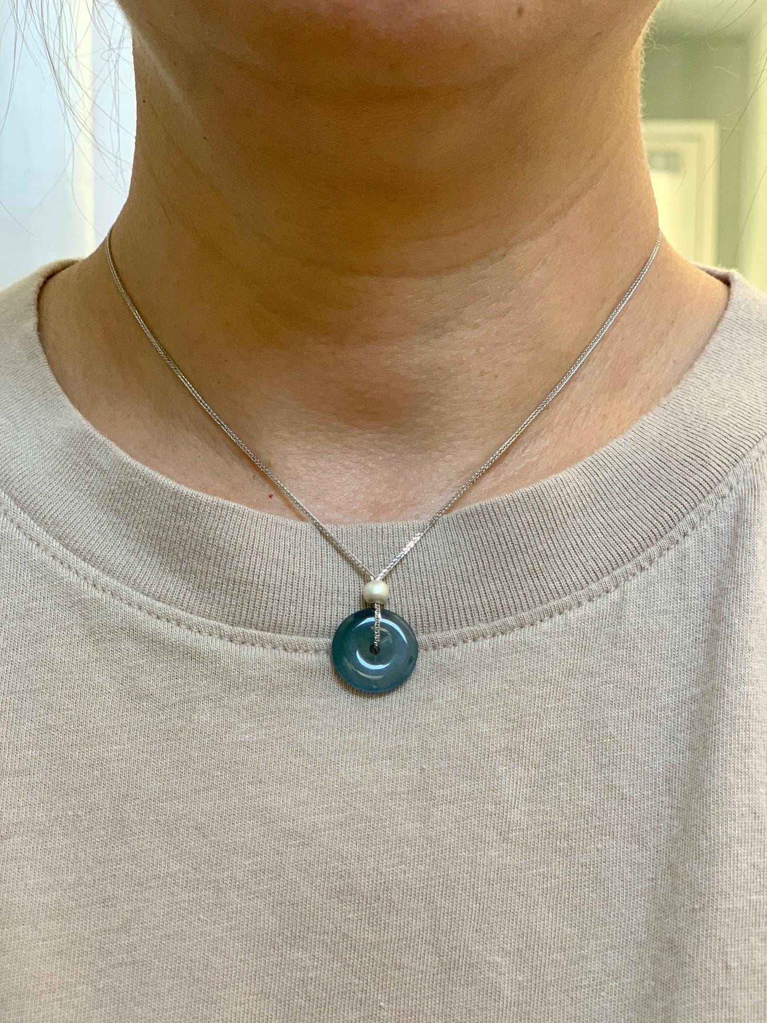 Natural Guatemalan Icy Translucent Dark Blue Jade Jadeite Ping An Kou Donut Pendant Sterling Silver Necklace 16” 天然老种冰危蓝紫翡翠平安扣吊坠项链 MWK130A