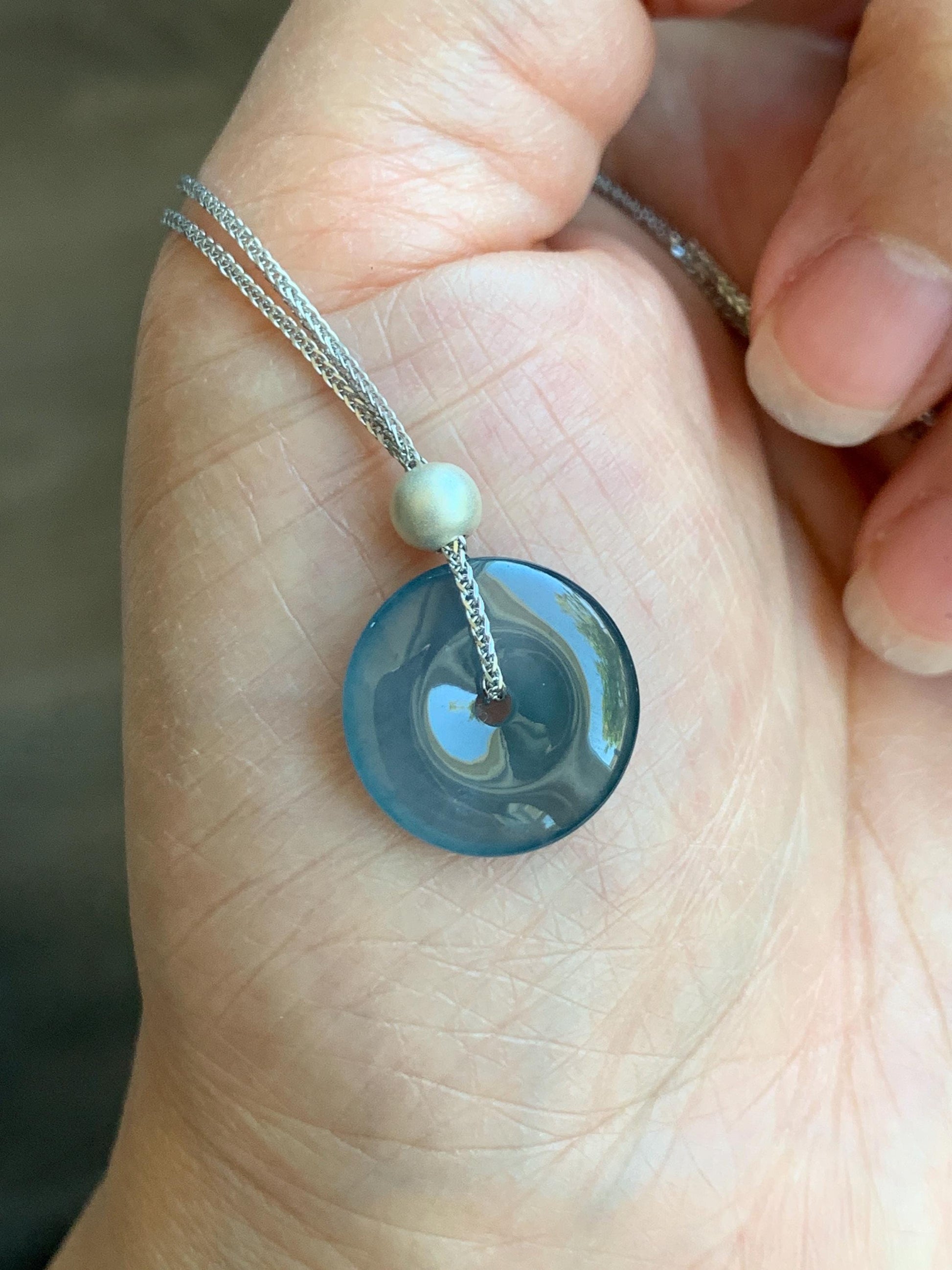 Natural Guatemalan Icy Translucent Dark Blue Jade Jadeite Ping An Kou Donut Pendant Sterling Silver Necklace 16” 天然老种冰危蓝紫翡翠平安扣吊坠项链 MWK130A