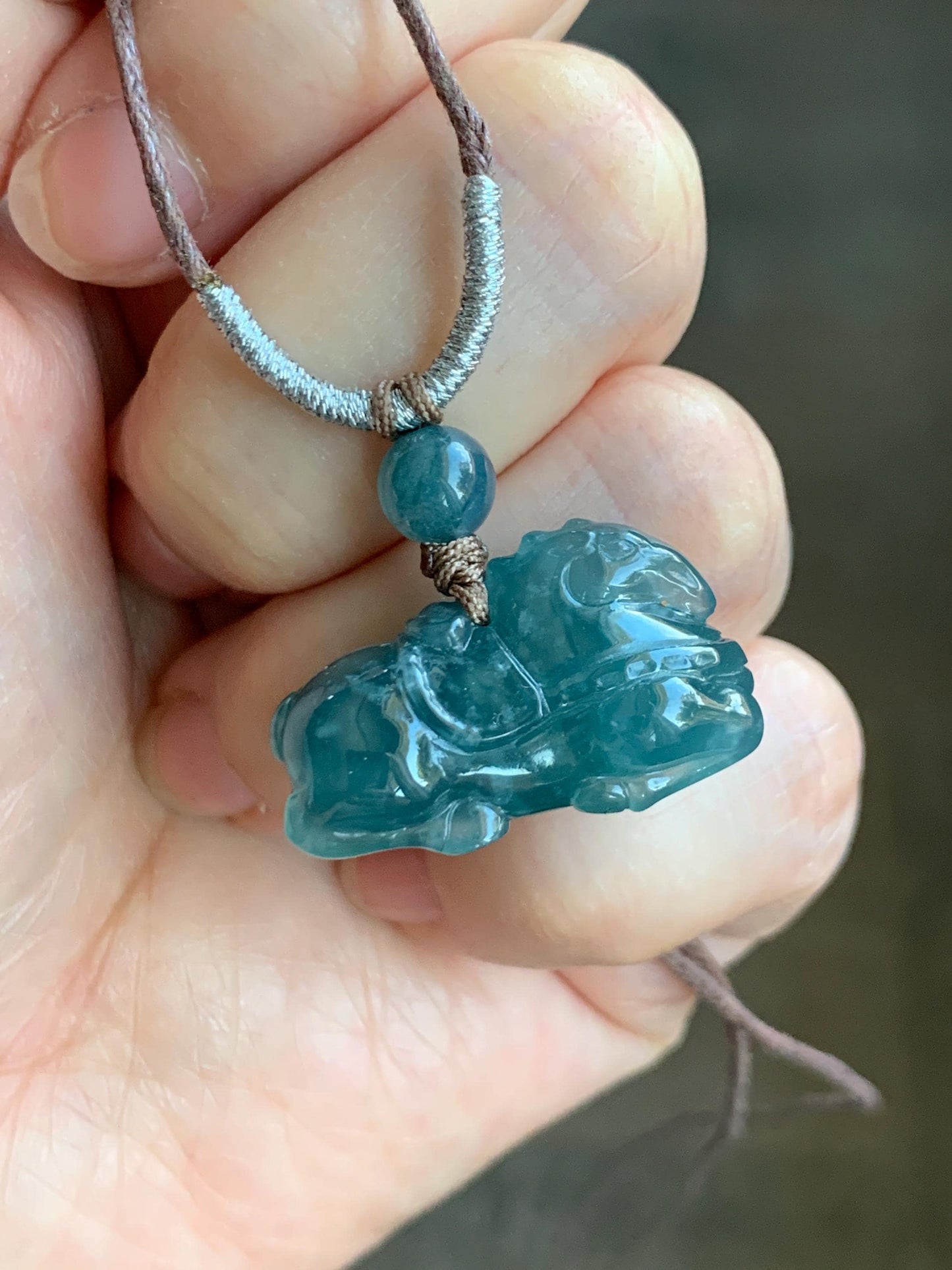 Natural Grade A Guatemalan Icy Translucent Teal Blue Jadeite Carved Tang Horse Pendant Rope Necklace 24" 10g 天然冰胶白冰翡翠唐马吊坠挂件 WLTM138A
