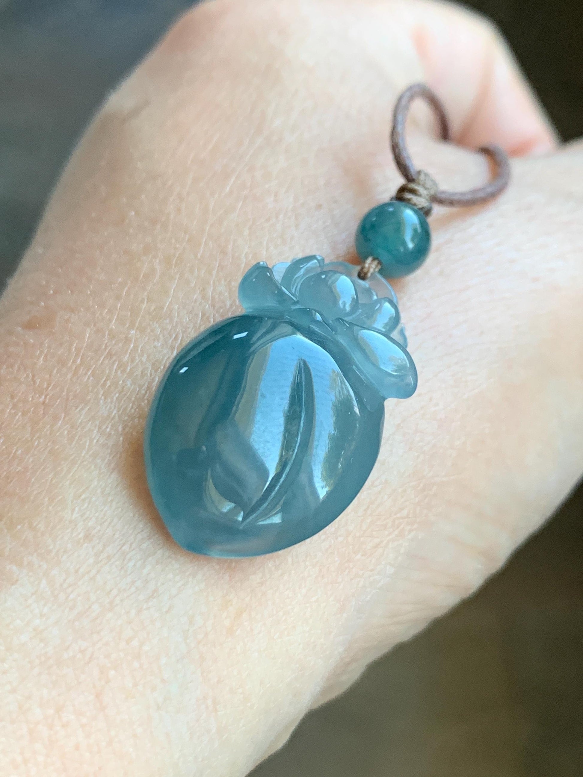Natural Guatemalan Icy Translucent Gelatinous Blue Jade Jadeite Lotus Flower Lucky Peach Pendant Rope Necklace 24” 天然冰胶危蓝翡翠莲花福桃吊坠 WLT165