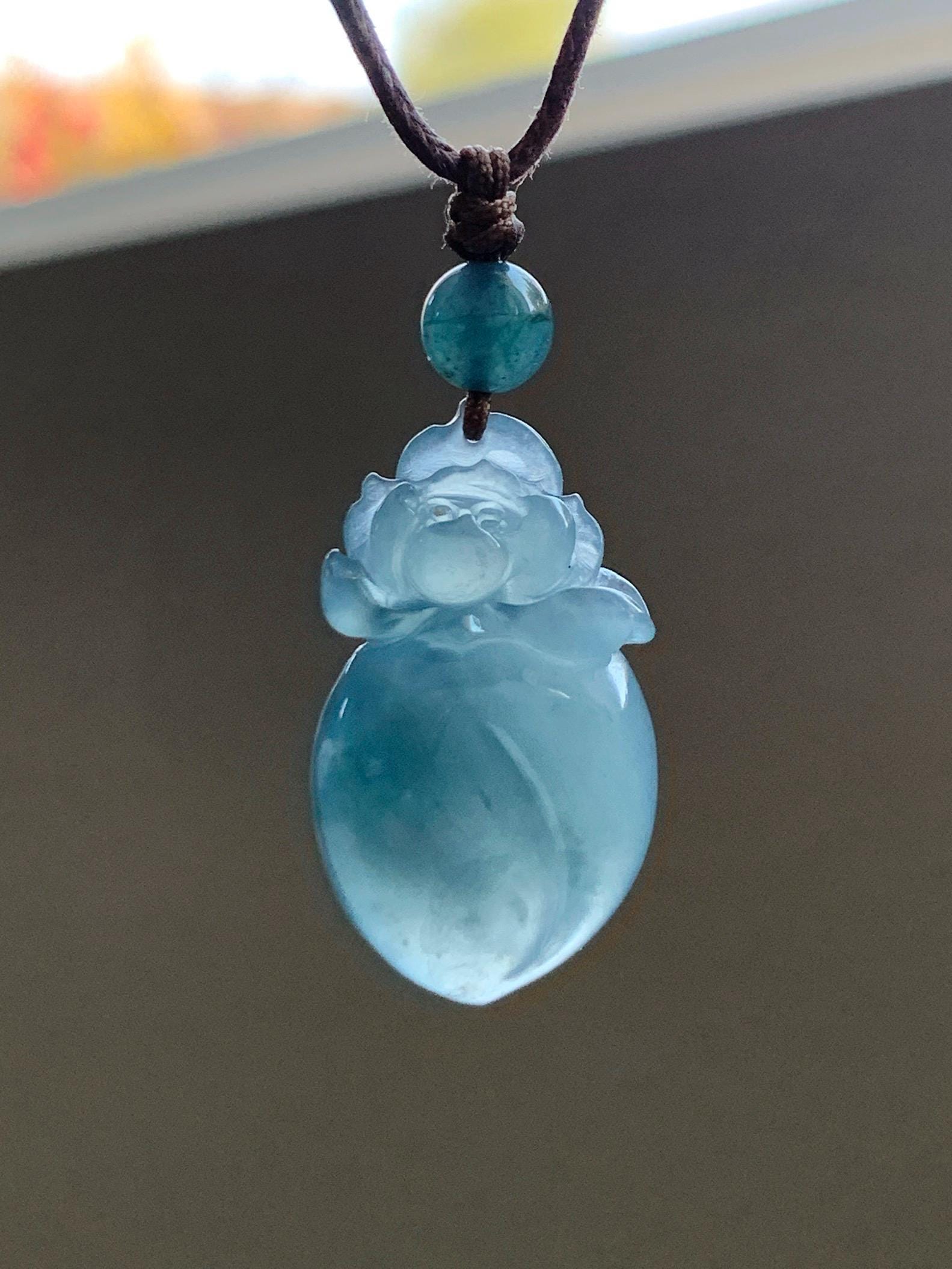 Natural Guatemalan Icy Translucent Gelatinous Blue Jade Jadeite Lotus Flower Lucky Peach Pendant Rope Necklace 24” 天然冰胶危蓝翡翠莲花福桃吊坠 WLT165