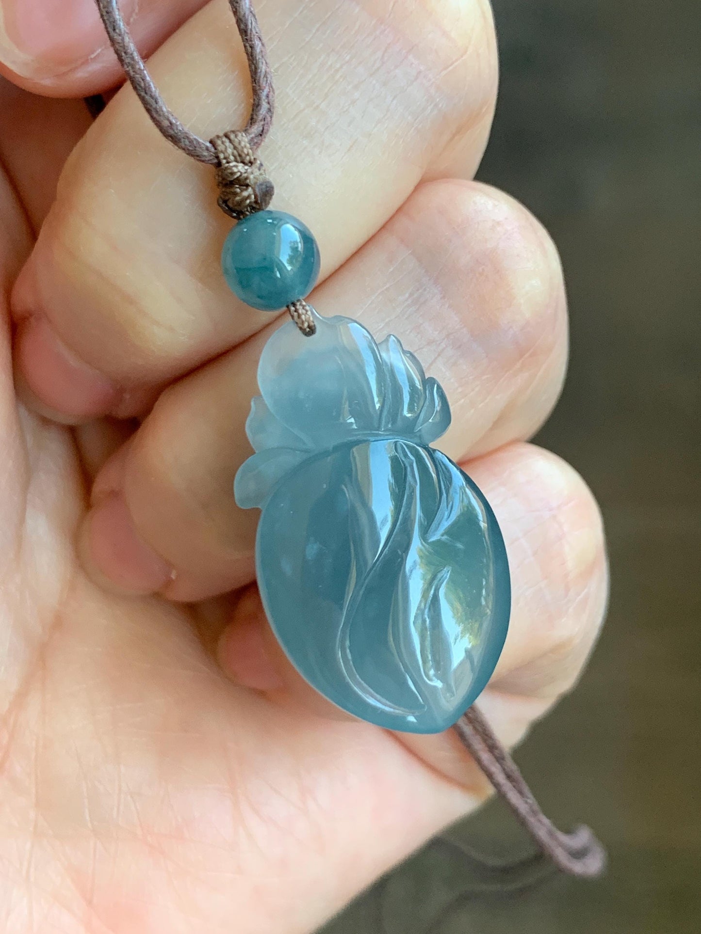 Natural Guatemalan Icy Translucent Gelatinous Blue Jade Jadeite Lotus Flower Lucky Peach Pendant Rope Necklace 24” 天然冰胶危蓝翡翠莲花福桃吊坠 WLT165