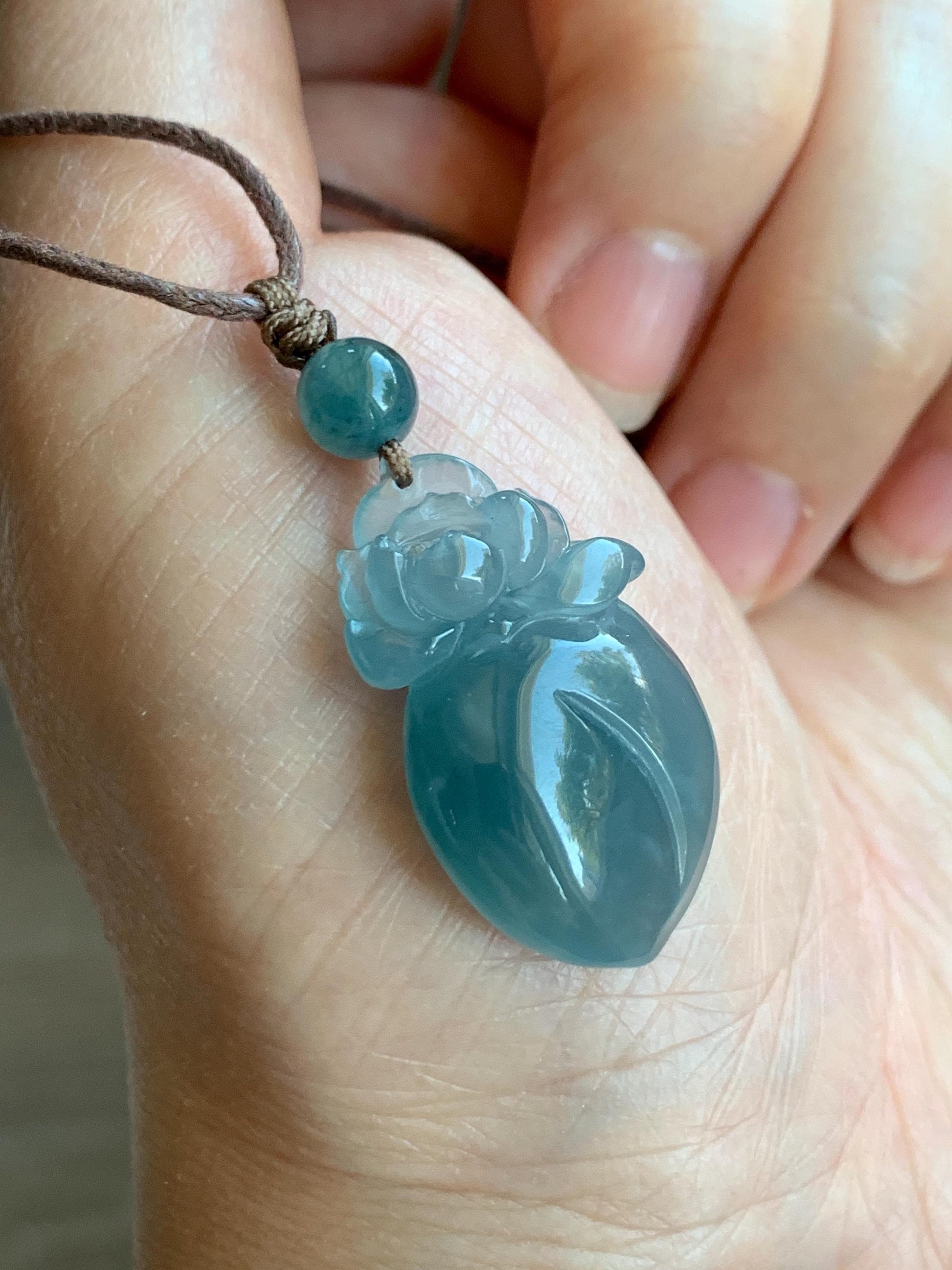 Natural Guatemalan Icy Translucent Gelatinous Blue Jade Jadeite Lotus Flower Lucky Peach Pendant Rope Necklace 24” 天然冰胶危蓝翡翠莲花福桃吊坠 WLT165