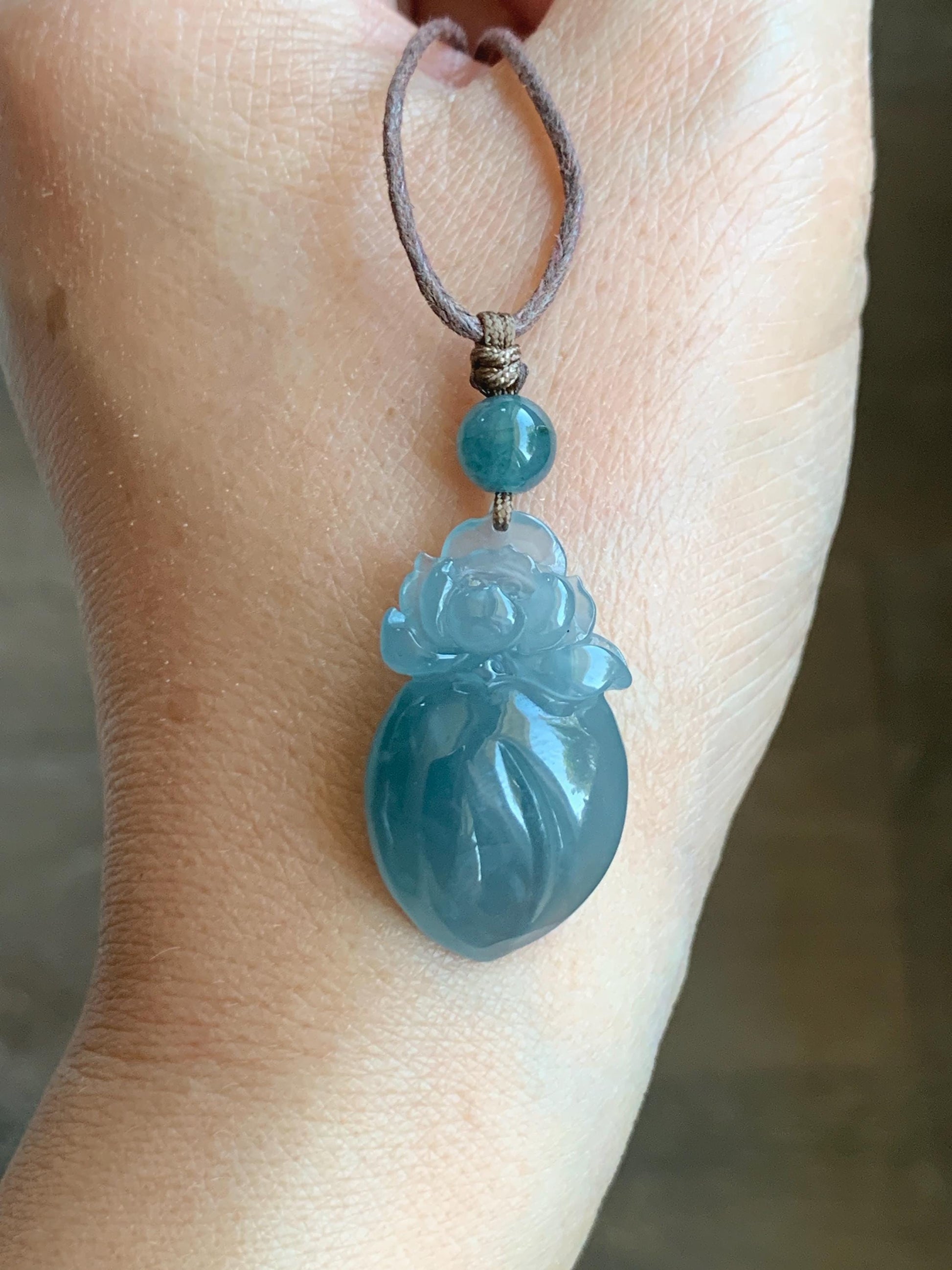 Natural Guatemalan Icy Translucent Gelatinous Blue Jade Jadeite Lotus Flower Lucky Peach Pendant Rope Necklace 24” 天然冰胶危蓝翡翠莲花福桃吊坠 WLT165