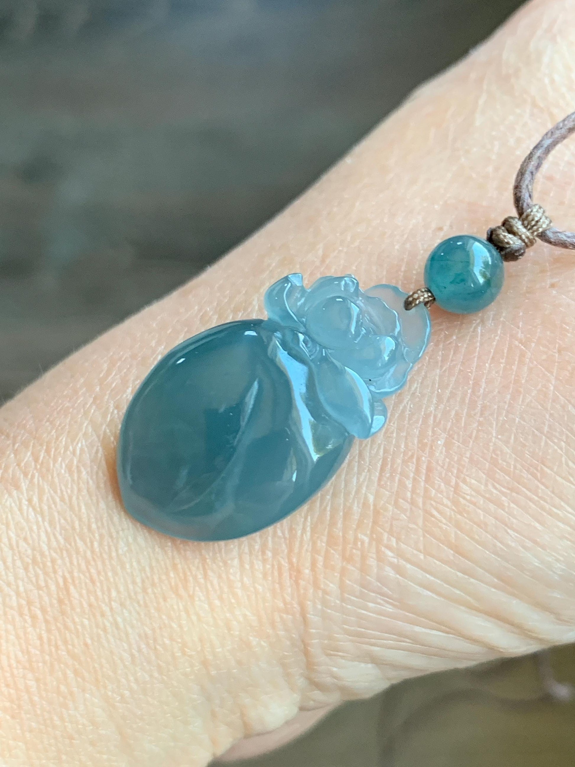 Natural Guatemalan Icy Translucent Gelatinous Blue Jade Jadeite Lotus Flower Lucky Peach Pendant Rope Necklace 24” 天然冰胶危蓝翡翠莲花福桃吊坠 WLT165