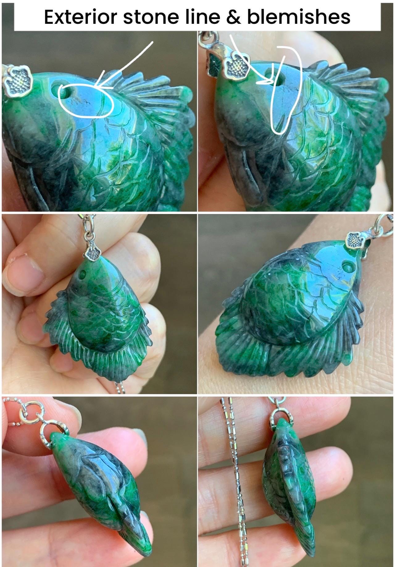 Natural Grade A Green Jadeite Fish Pendant Sterling Silver Bail Vibrant Green Wuji Marbled Carved Jade Icy Translucent 天然辣绿乌鸡飘花翡翠鱼吊坠 MLW220A