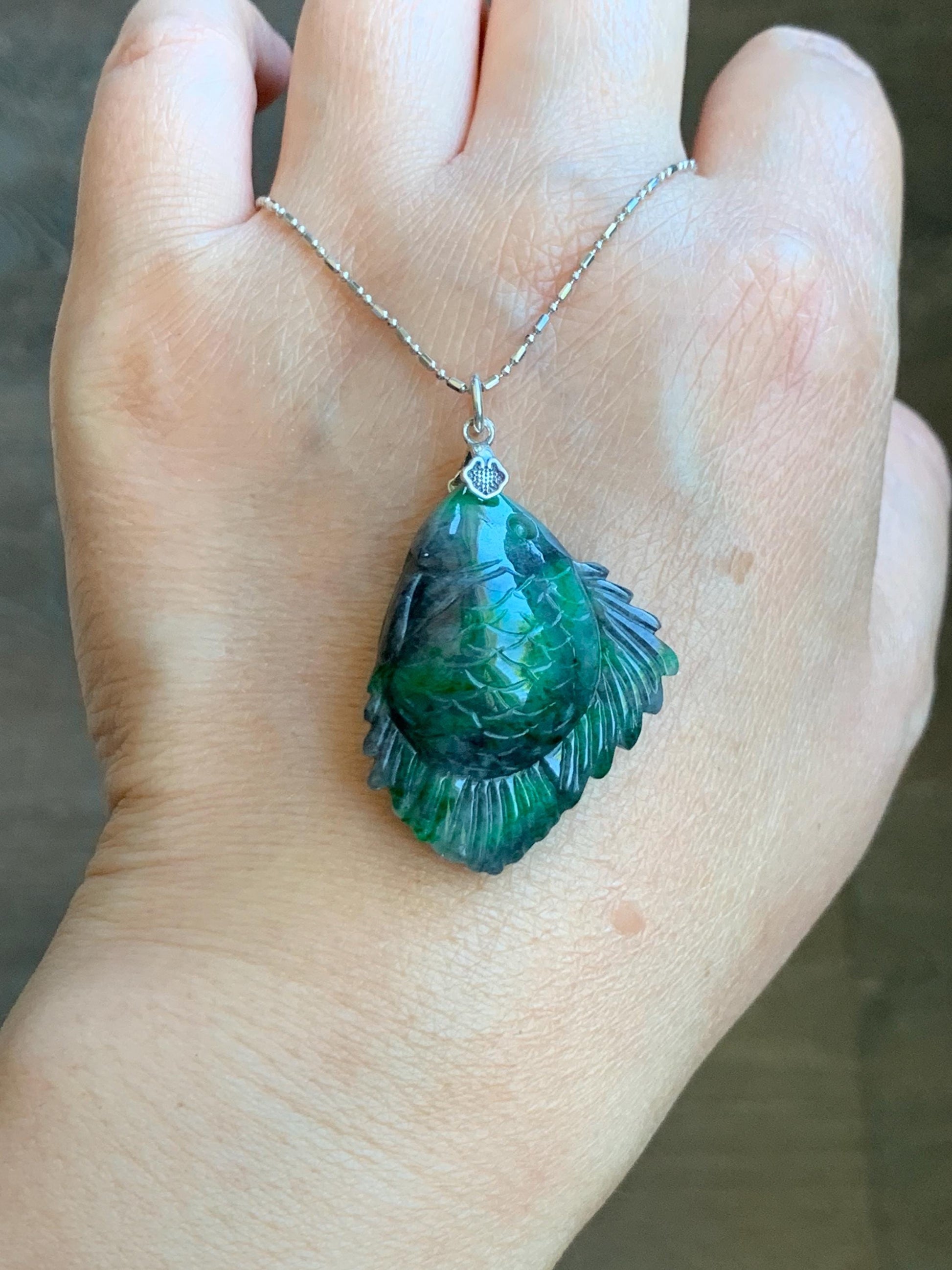 Natural Grade A Green Jadeite Fish Pendant Sterling Silver Bail Vibrant Green Wuji Marbled Carved Jade Icy Translucent 天然辣绿乌鸡飘花翡翠鱼吊坠 MLW220A