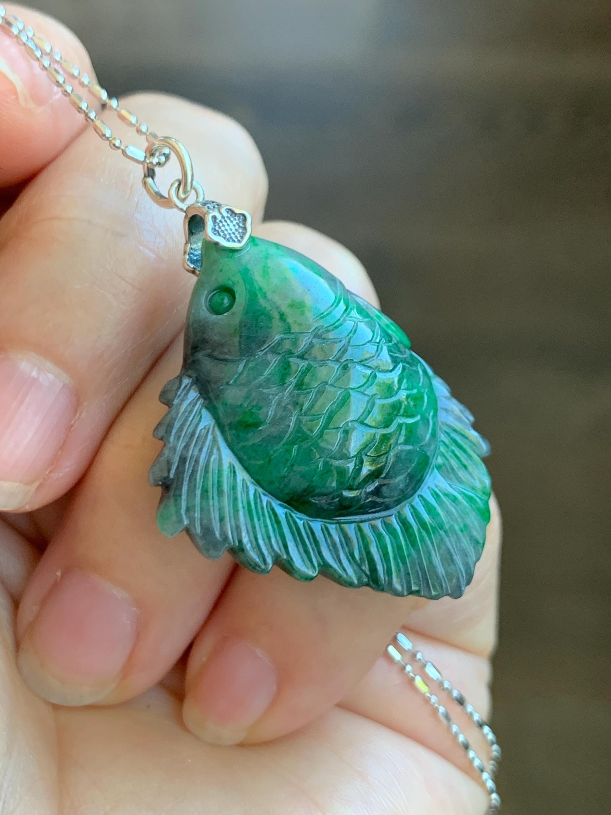 Natural Grade A Green Jadeite Fish Pendant Sterling Silver Bail Vibrant Green Wuji Marbled Carved Jade Icy Translucent 天然辣绿乌鸡飘花翡翠鱼吊坠 MLW220A