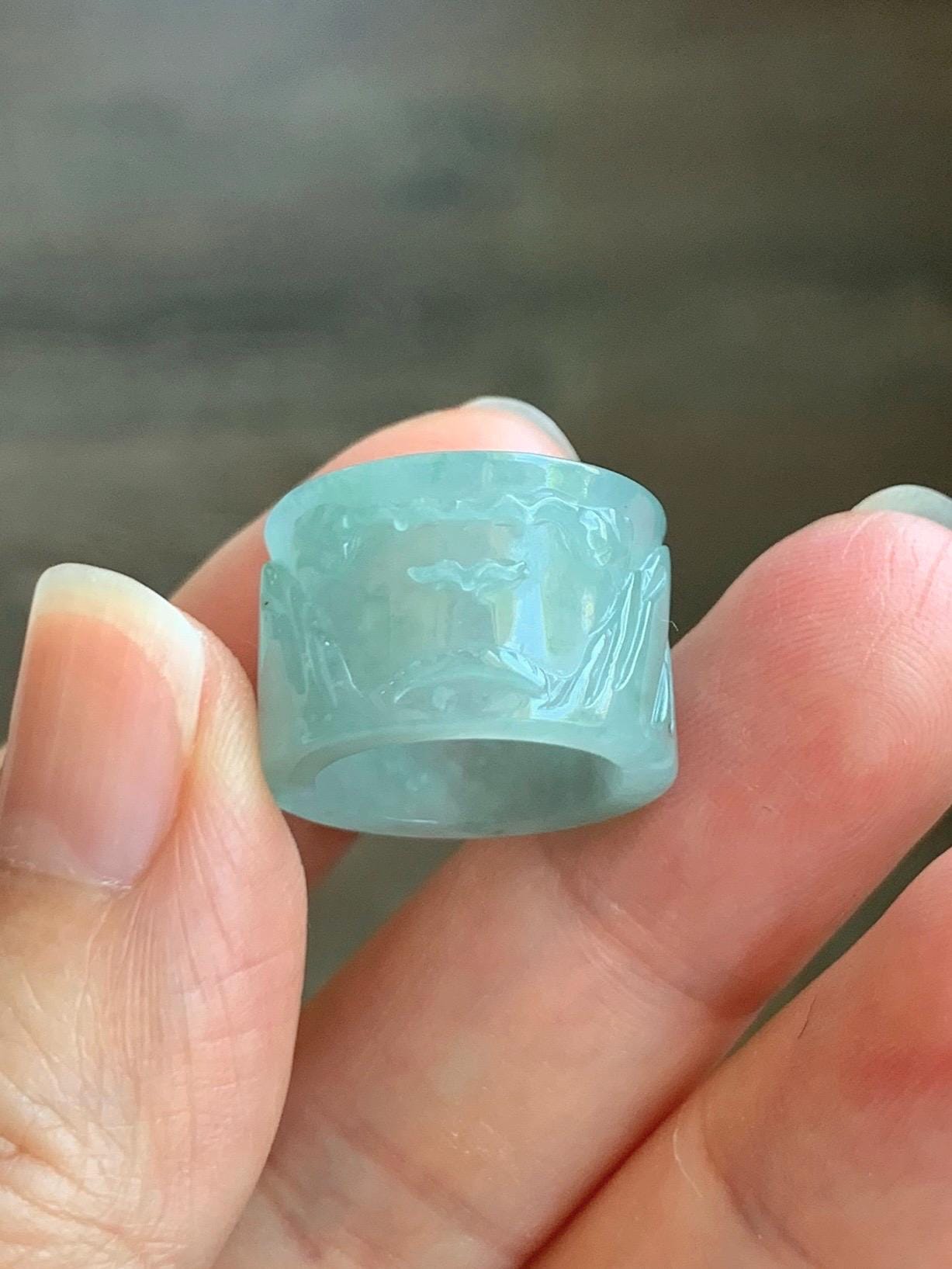 Engraved Jadeite Shan Shui Nature Pendant: Icy Translucent Light Teal Green Guatemalan Jade Natural Untreated Grade A 天然冰危浅绿翡翠山水雕跑环吊坠 QDW