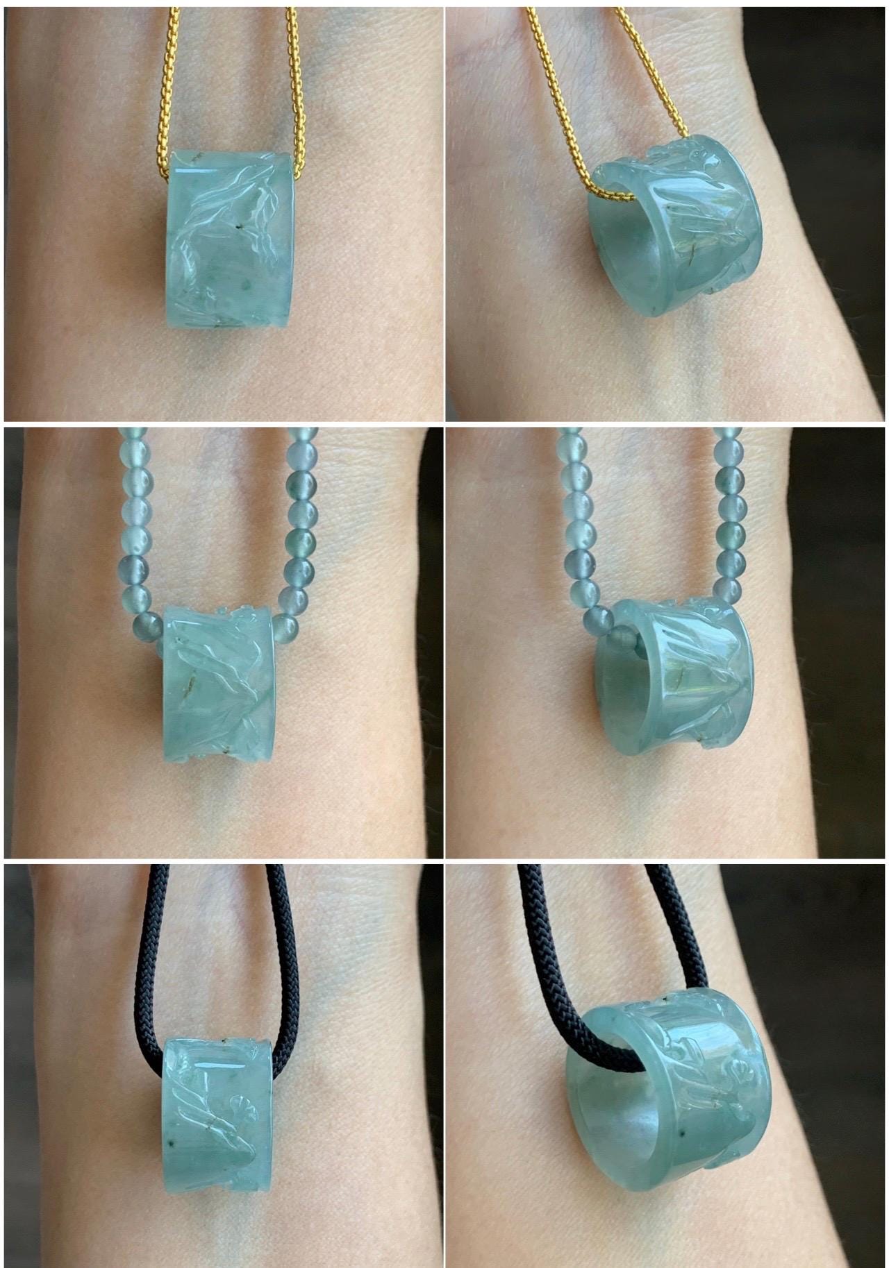 Engraved Jadeite Shan Shui Nature Pendant: Icy Translucent Light Teal Green Guatemalan Jade Natural Untreated Grade A 天然冰危浅绿翡翠山水雕跑环吊坠 QDW