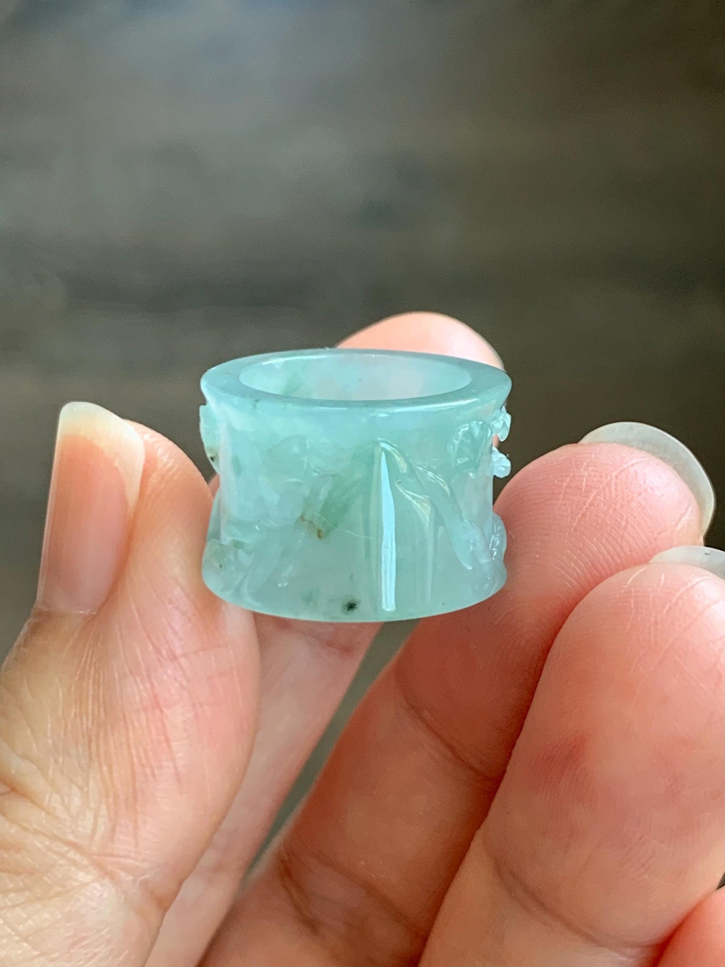 Engraved Jadeite Shan Shui Nature Pendant: Icy Translucent Light Teal Green Guatemalan Jade Natural Untreated Grade A 天然冰危浅绿翡翠山水雕跑环吊坠 QDW