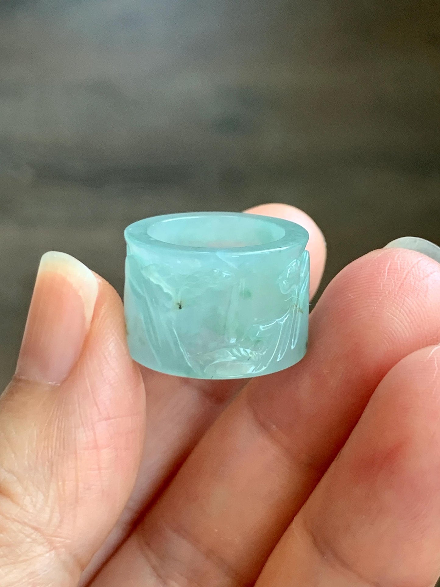 Engraved Jadeite Shan Shui Nature Pendant: Icy Translucent Light Teal Green Guatemalan Jade Natural Untreated Grade A 天然冰危浅绿翡翠山水雕跑环吊坠 QDW