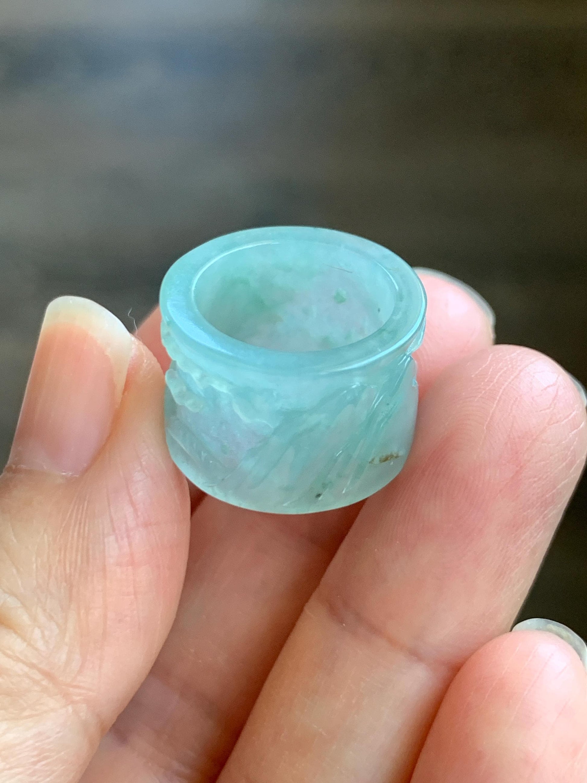 Engraved Jadeite Shan Shui Nature Pendant: Icy Translucent Light Teal Green Guatemalan Jade Natural Untreated Grade A 天然冰危浅绿翡翠山水雕跑环吊坠 QDW