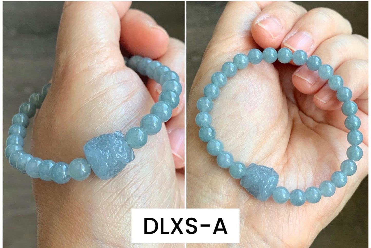 Natural Grade A Guatemalan Icy Translucent Gelatinous Pastel Dusty Blue Jade Jadeite Dancing Lion Bead Beaded Bracelet 天然冰胶危淡蓝翡翠醒狮珠手串 DLXS