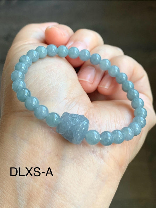 Natural Grade A Guatemalan Icy Translucent Gelatinous Pastel Dusty Blue Jade Jadeite Dancing Lion Bead Beaded Bracelet 天然冰胶危淡蓝翡翠醒狮珠手串 DLXS