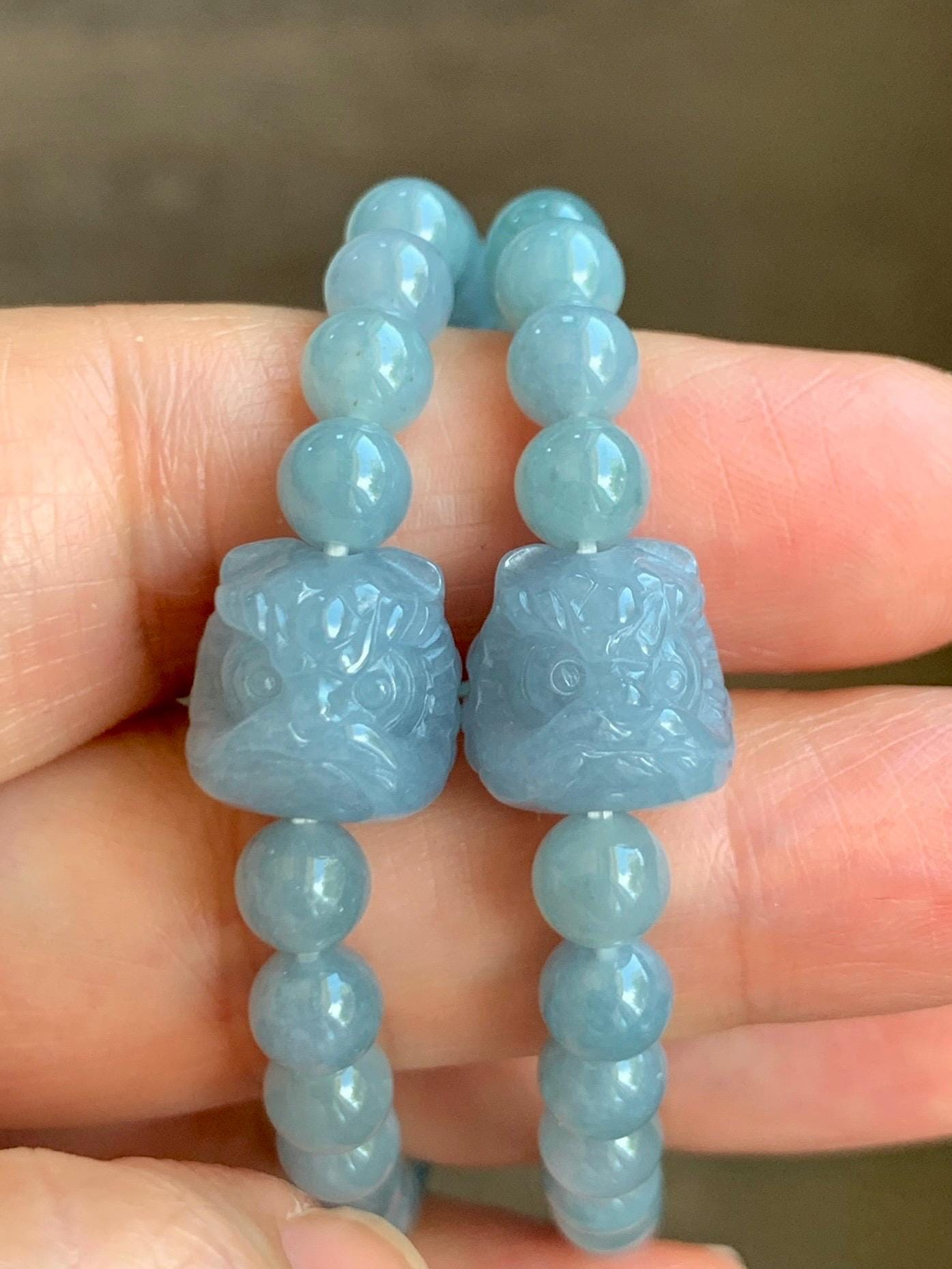 Natural Grade A Guatemalan Icy Translucent Gelatinous Pastel Dusty Blue Jade Jadeite Dancing Lion Bead Beaded Bracelet 天然冰胶危淡蓝翡翠醒狮珠手串 DLXS