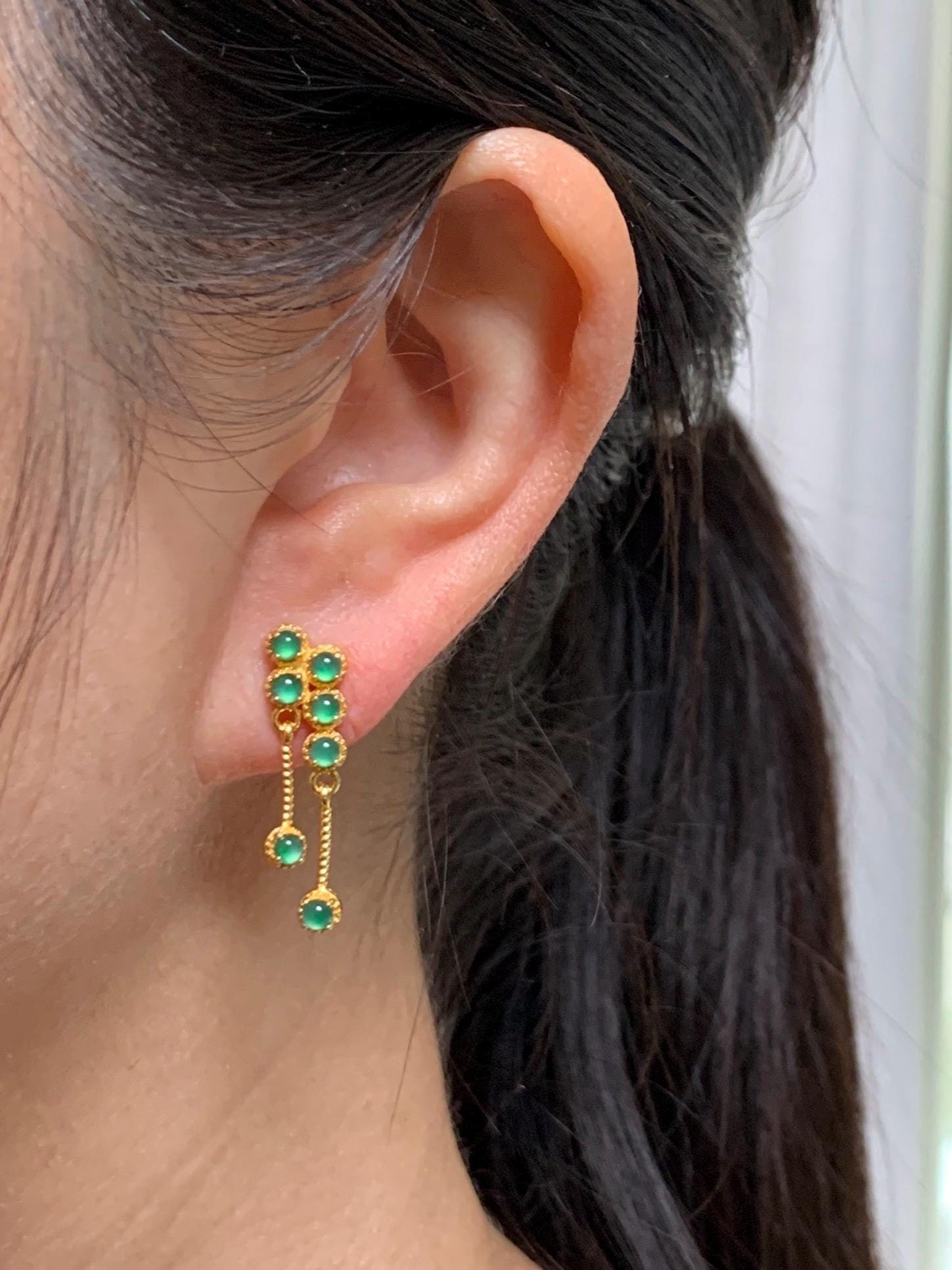 Icy Vibrant Green Jadeite Sterling Silver Stud Earrings - Natural Guatemalan Grade A Icy Translucent Yellow Gold Overlay 天然冰危绿翡翠耳钉 WLSS100